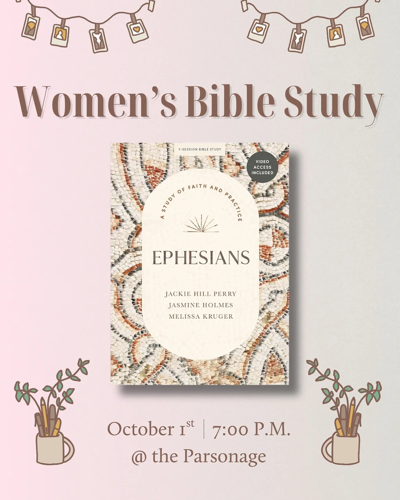 Sisters!📢 Join us tomorrow evening for our monthly women&rsquo;s bible study as we study the book of Ephesians using a guide by Jackie Hill Perry, Jackie Holmes, and Melissa Krueger📖 Meet us at the parsonage at 7pm, hope to see ya there 🥰