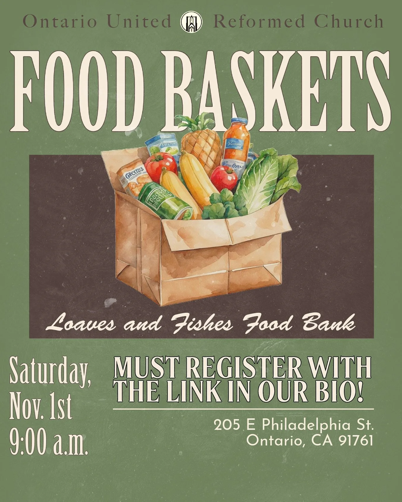 Hey Ontario🙌🏼 Food baskets will be ready to pick up this Saturday, November 1st from 9-9:30 am 🥰 
Make sure to sign up using the link in our bio (required) 🔗 
Like usual, pick up location will be at Ontario United Reformed Church, address listed 