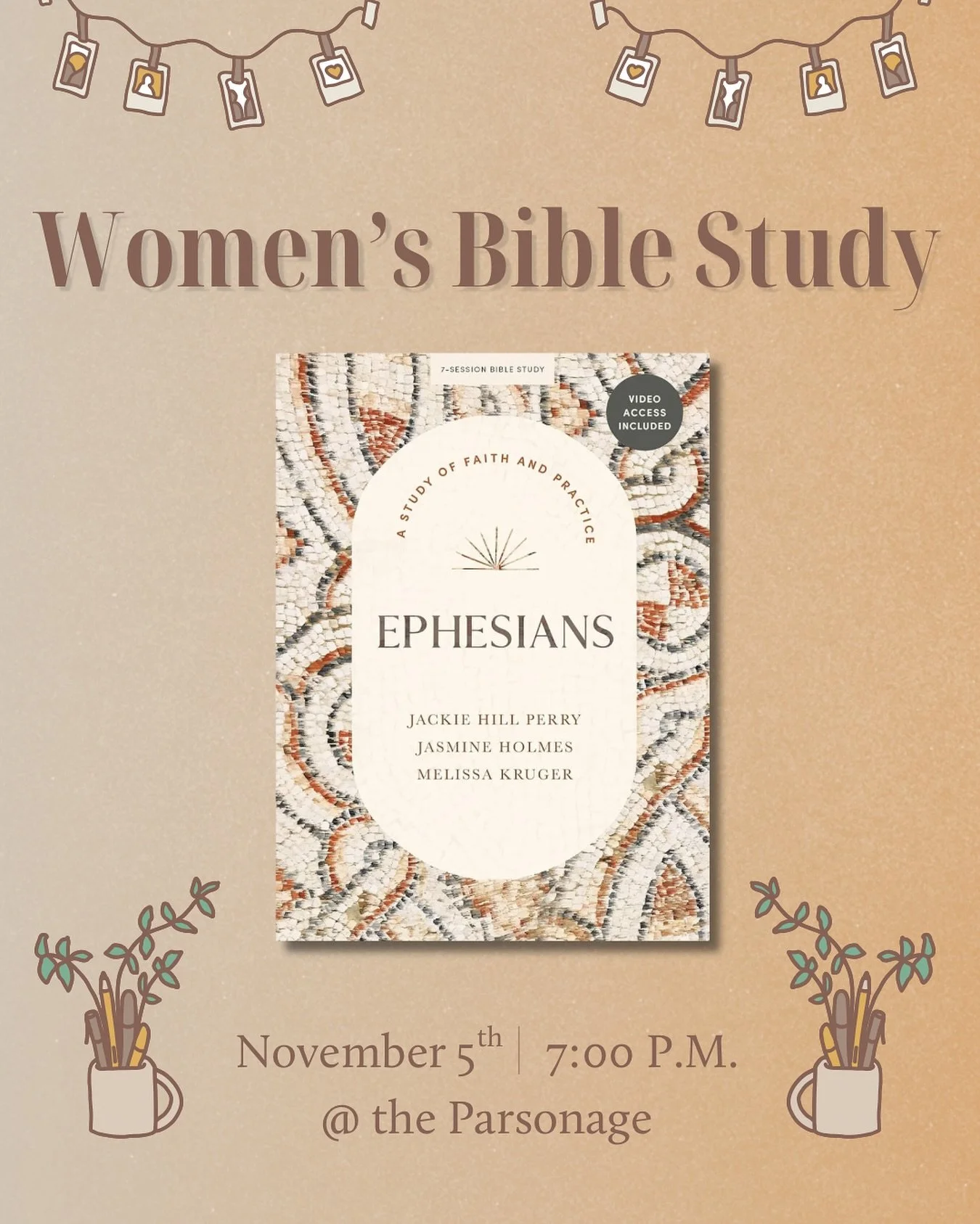 Hey sisters!💗 Join us tomorrow evening for our ladies bible study where we will be discussing Session 2 of the Ephesians study guide. We look forward to see you there as we grow our faith together in Christ🫶🏼