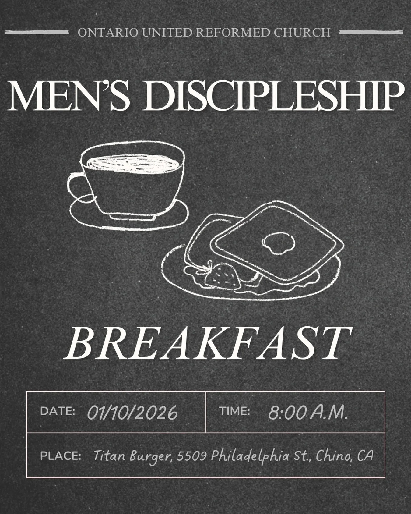 Brothers! Join us this Saturday for our biweekly discipleship breakfast🙌🏼 We will be meeting at Titan Burger on Philadelphia street at 8A.M.📍