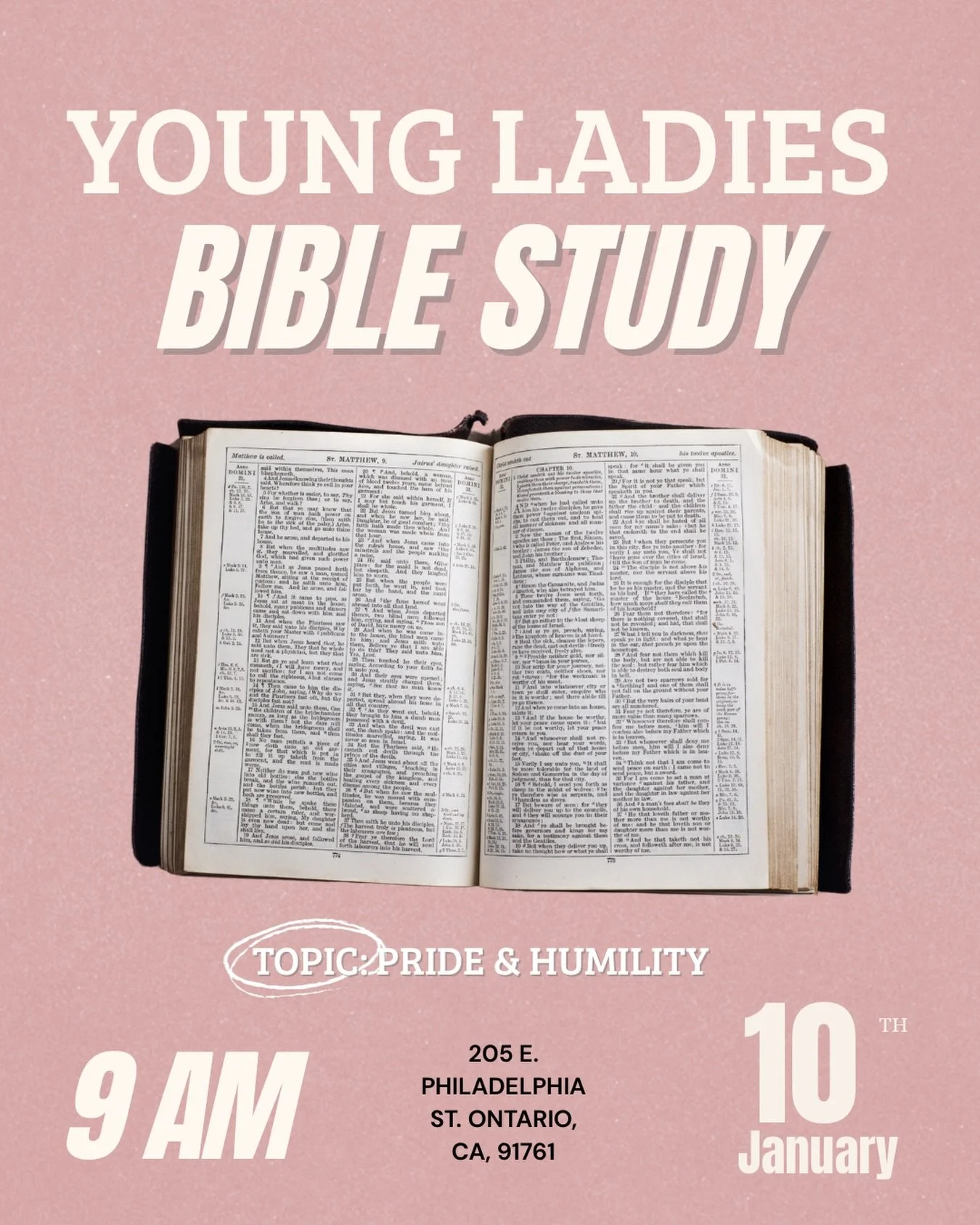 This Saturday morning we will be holding a young ladies bible study for those ages 13-18✨Join us from 9-11am as we cover the topic of Pride and Humility🙌🏼