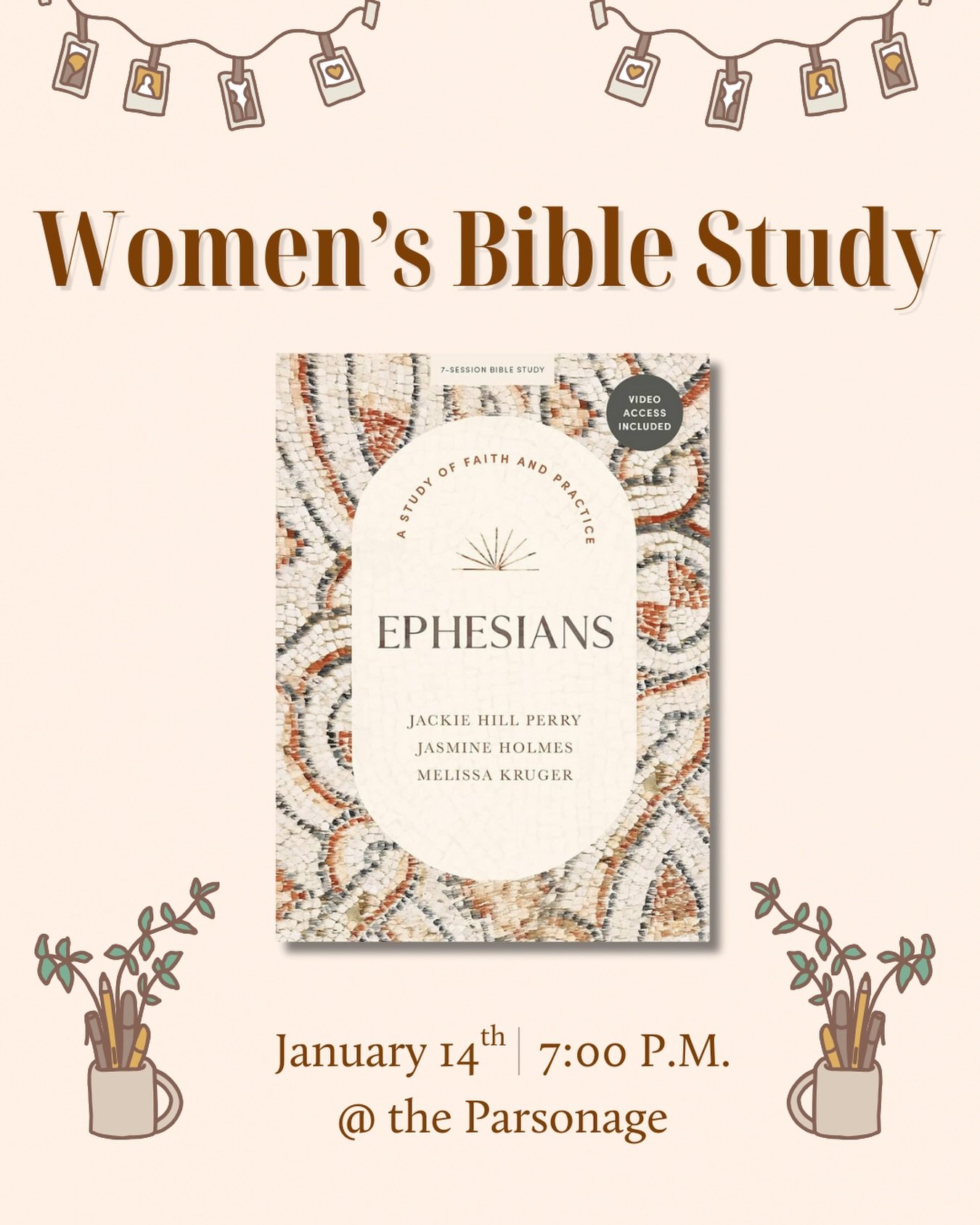 Sisters!✨ Join us this Wednesday at the church parsonage at 7 p.m. for our monthly women&rsquo;s bible study! Please work through Session 4 of our Ephesians study guide by Jackie Hill Perry, Jasmine Holmes, and Melissa Kruger in preparation for our m