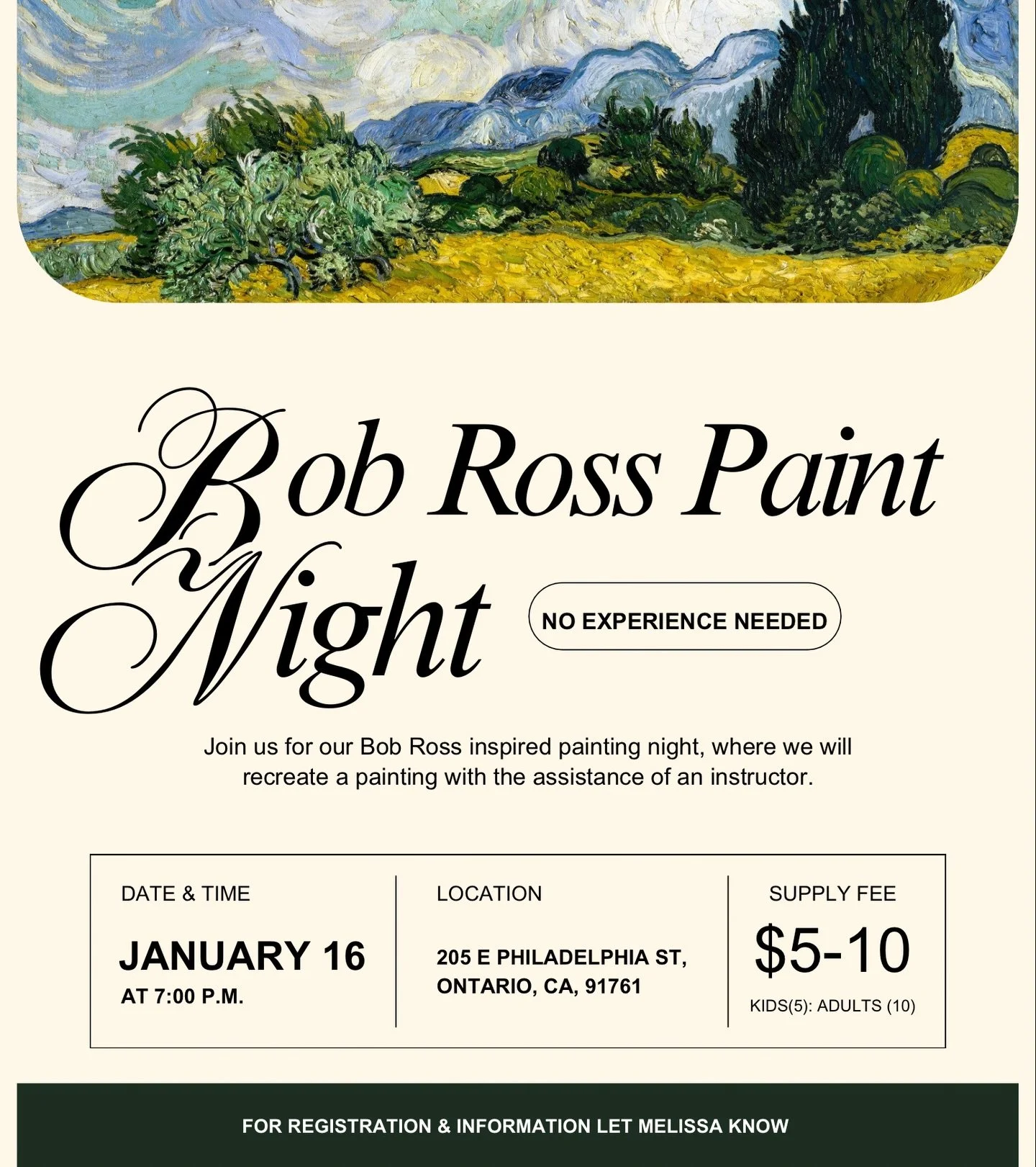 Hey Ontario fam🙌🏼 We are having our Bob Ross inspired paint night once again this Friday!🎨 Join us in the fellowship hall at 7pm to recreate one of Bob Ross&rsquo;s paintings together! Sign up is required so that we can sufficiently supply all wit