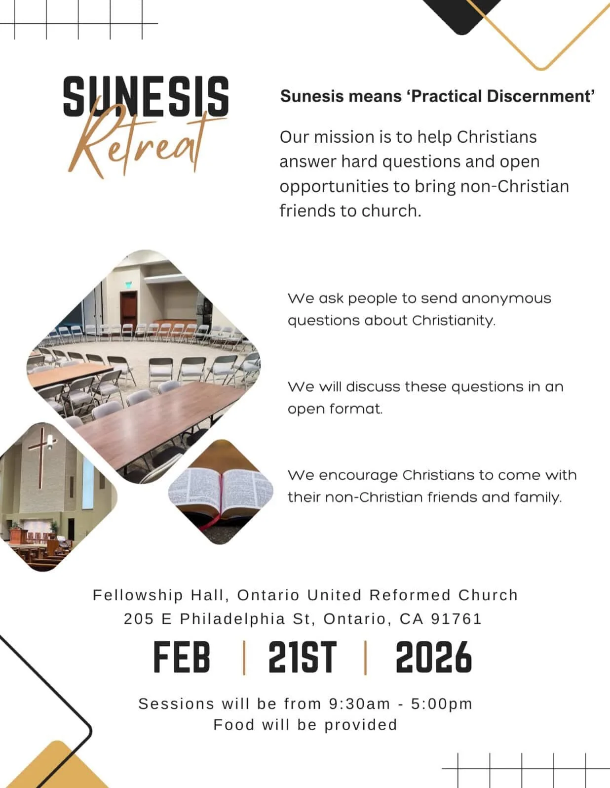 Join us this Saturday for the Sunesis Retreat! This event is meant to answer questions about the Christian faith. We encourage you to bring along friends and family that may have questions about what we believed as followers of Christ🙌🏼 This event 
