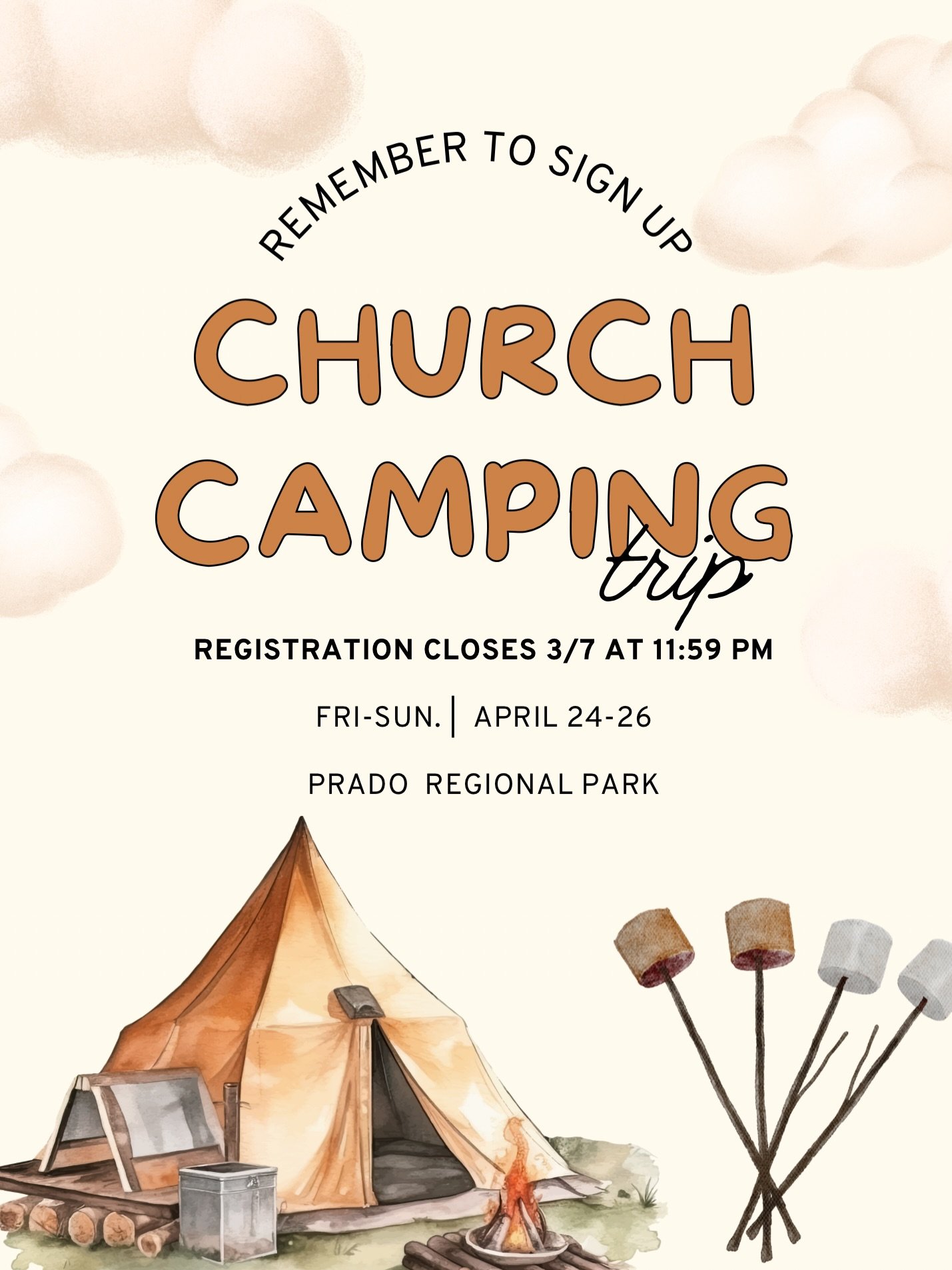 We are very much looking forward to our first annual church camping trip at Prado Regional Park this Spring.🔥 
Please remember that in order to be considered signed up, your payment of $20 per person must be given to Melissa Jonkman as well. 

All m