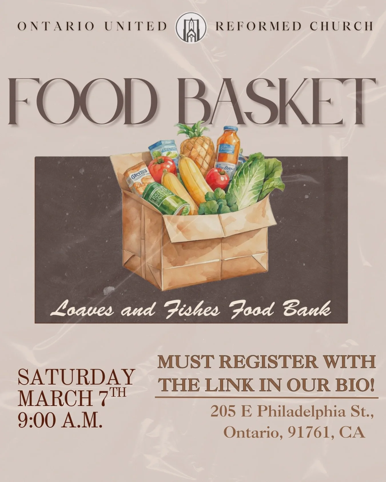 Hey Ontario!✨ Food basket pickup this Saturday at 9 am at the Church ⛪️ This month we have 15 baskets available, so make sure to register for a basket using the link in our bio 📌 like always, registration is required to receive a basket. 

#ontarioc