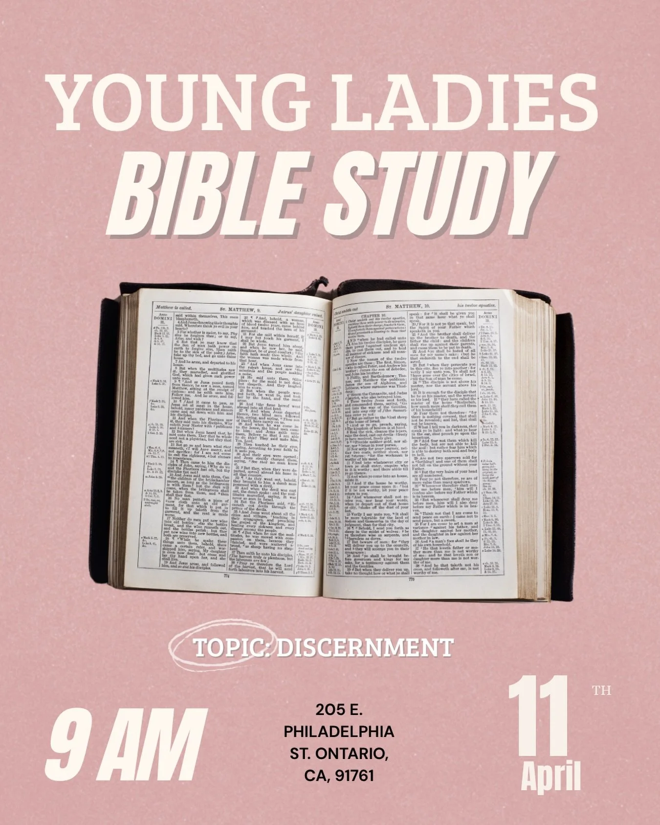 This Saturday at 9am we are having our young ladies bible study 💗 We encourage our young ladies (13-18) to join us as we discuss discernment and the importance of it in our modern day🙌🏼 Hope to see you there! ✨
