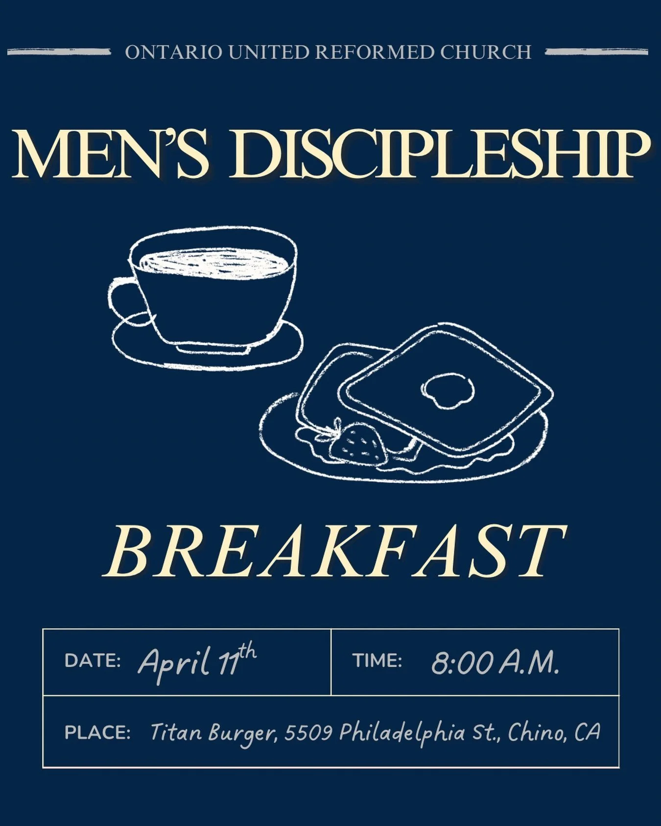 Brothers🙌🏼 Join us this Saturday at Titan Burger for a time of good food, fellowship, and discussion 🙏🏽 See you there at 8 a.m.!