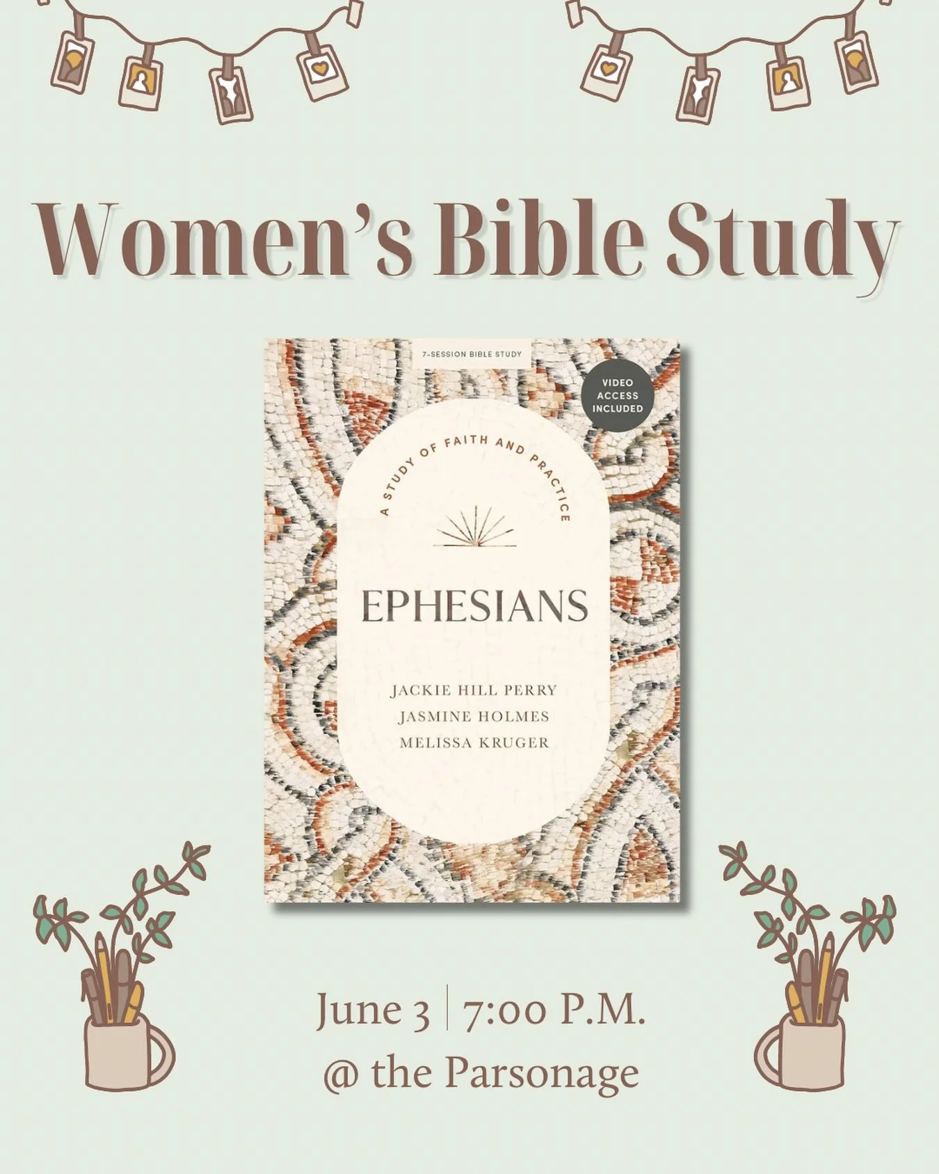 Sisters! 💫Join us this Wednesday at the church parsonage at 7 p.m. for our monthly women&rsquo;s bible study! Please work through Session 7 of our Ephesians study guide by Jackie Hill Perry, Jasmine Holmes, and Melissa Kruger in preparation for our 