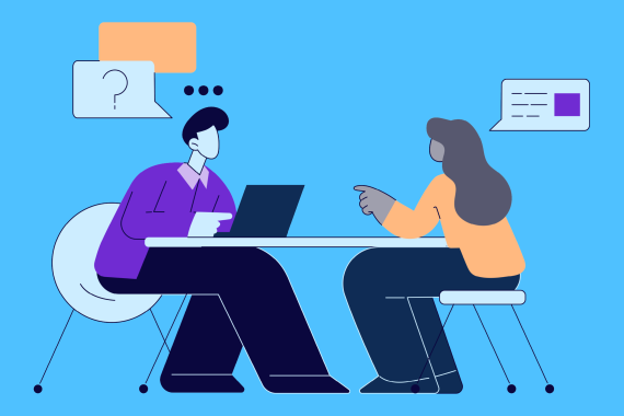 Illustration of an academic advisor advising a college student at a desk