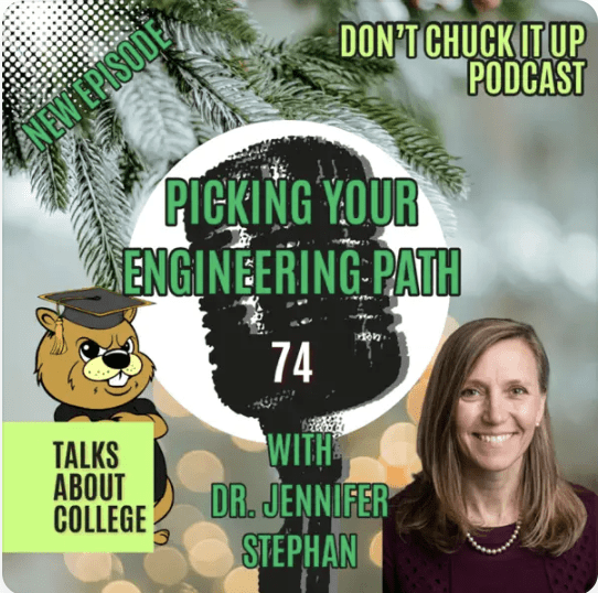 Promotional graphic for a podcast titled 'Picking Your Engineering Path' featuring Dr. Jennifer Stephan, with a cartoon lion wearing a graduation cap, green and black text, and a background of pine branches and blurred lights.