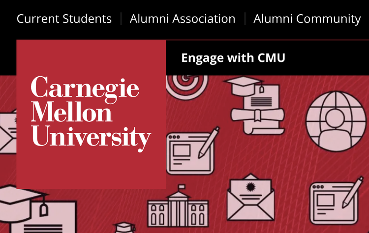 A promotional banner for Carnegie Mellon University featuring the university's name, logos, and icons related to education and engagement, set against a red background with black and white text.