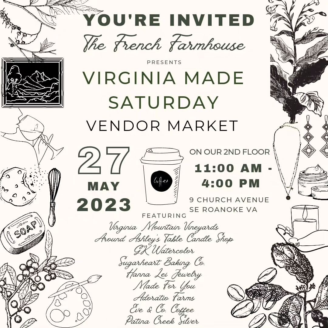 Friends, we have some exciting news! 😊 Our next Virginia Made Saturday Vendor Market is May 27th and is right around the corner (next Saturday!!). It will be Memorial Day weekend and to celebrate we're hosting 9 vendors upstairs in @rendezvousroanok
