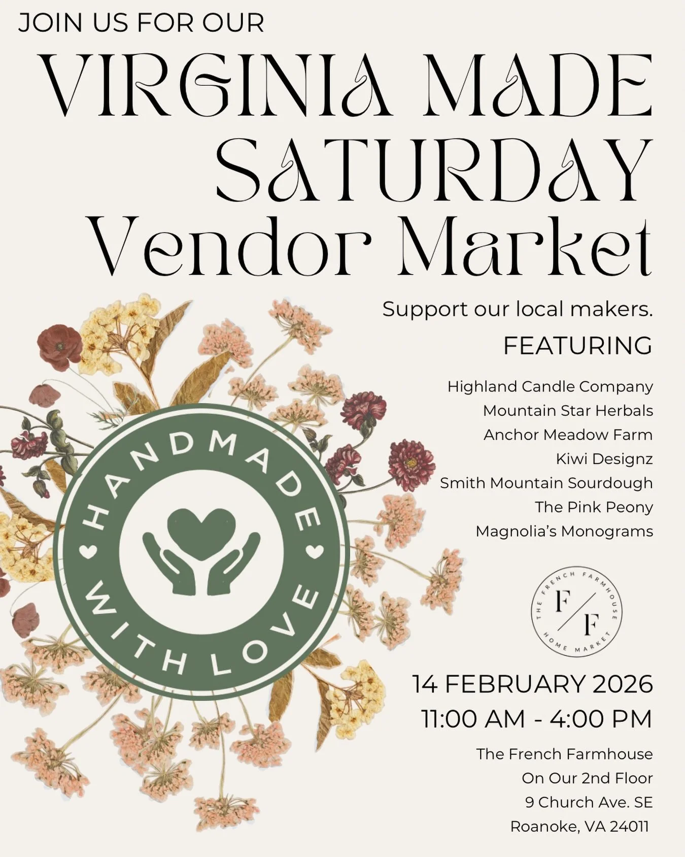 Join us for our first Virginia Made Saturday Vendor Market of 2026, on Valentine&rsquo;s Day! ❤️🥰 Join us from 11 AM to 4 PM tomorrow, Saturday, February 14th on our second floor in @rendezvousroanoke. This special market will be filled with one of 