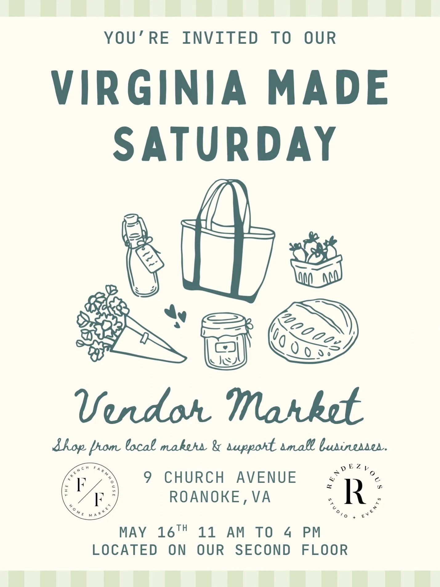 Hi friends! Join us for our Spring Virginia Made Saturday Vendor Market this Saturday from 11 AM to 4 PM on the second floor at Rendezvous Studio + Events.

One of our favorite events of the season, this special spring market brings together a curate
