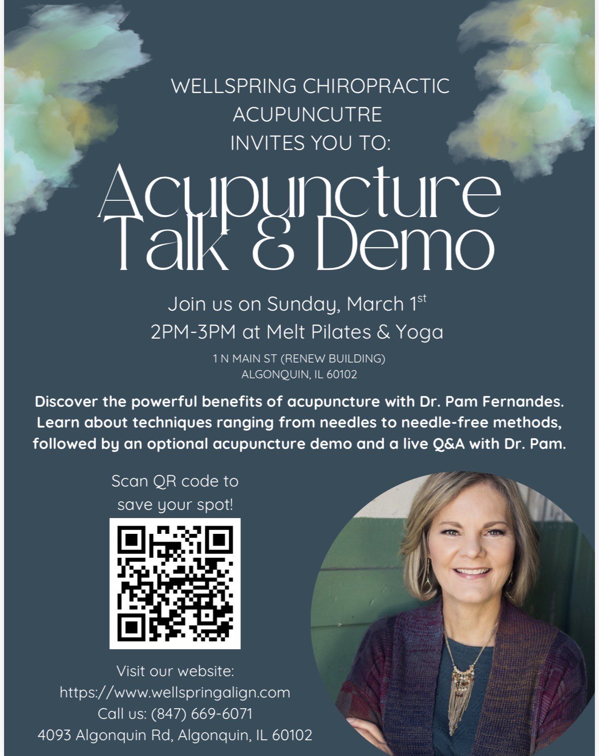 Wellspring Chiropractic Acupuncture Invites you to: Acupuncture Talk & Demo on Sunday, March 1st from 2 - 3pm at Melt Pilates & Yoga. Discover the powerful benefits of acupuncture with Dr. Pam Fernandes learning about techniques.