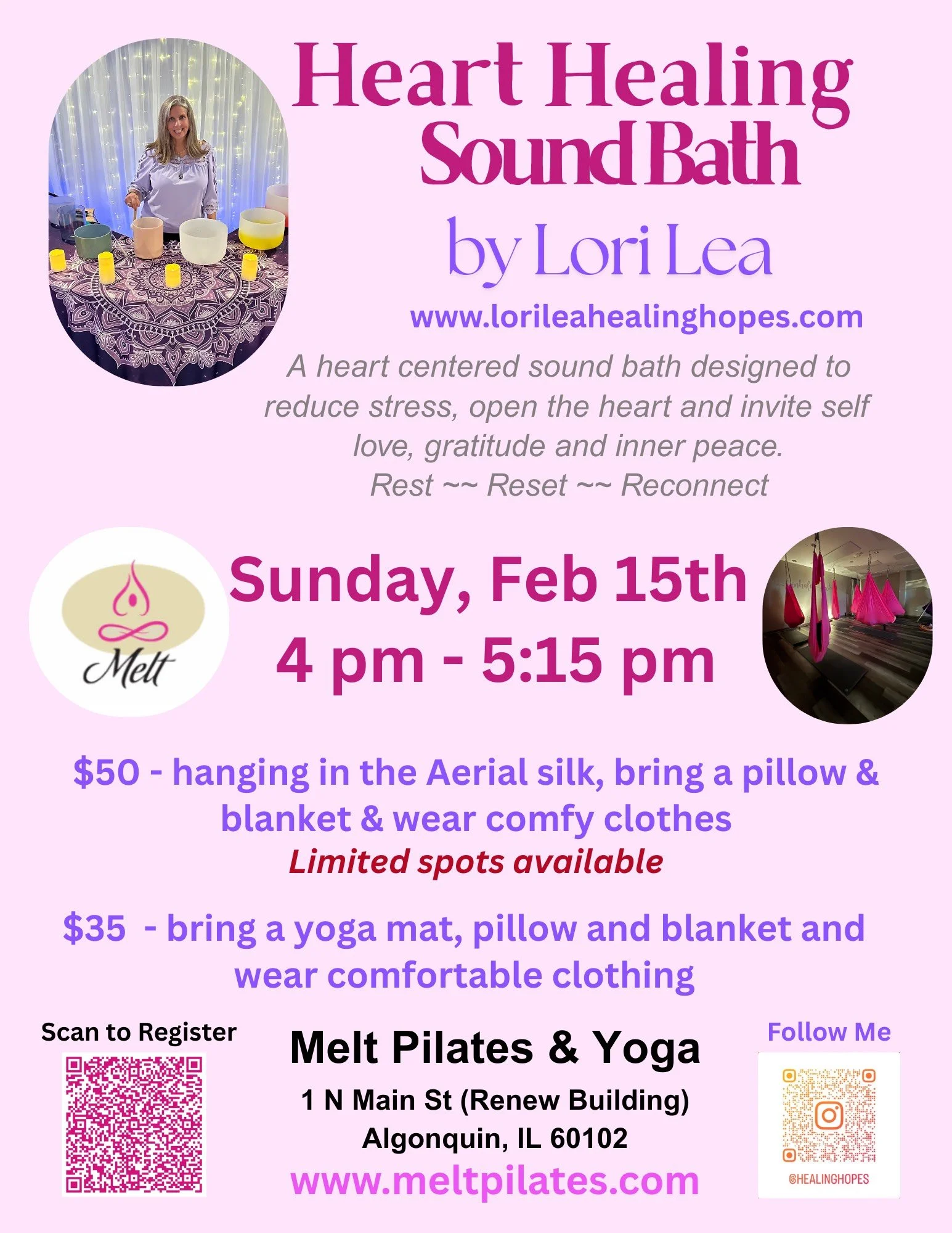 Heart Healing Sound Bath by Lori Lea. A heart centered sound bath designed to reduce stress, open the heart and invite self love, gratitude and inner peace. Sunday, February 15th from 4 pm - 5:15 pm. Limited spots available.