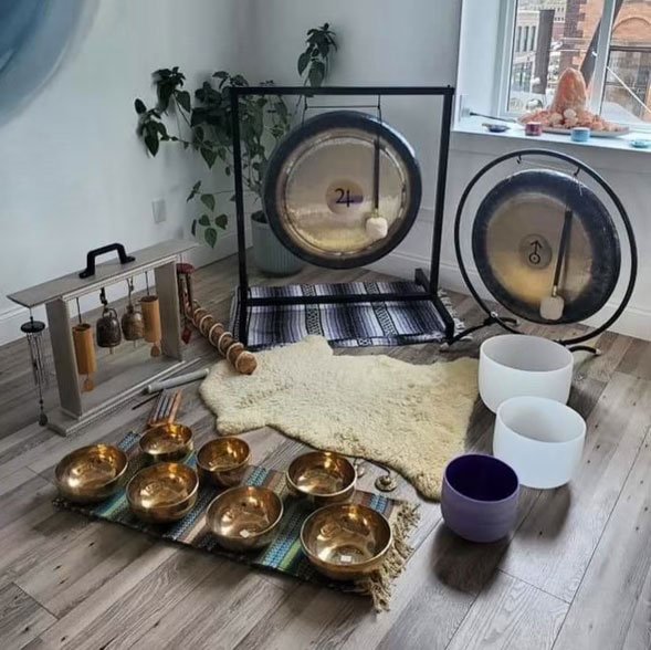 Sound Bowl Meditation Equipment setup for a Sound Meditation class.