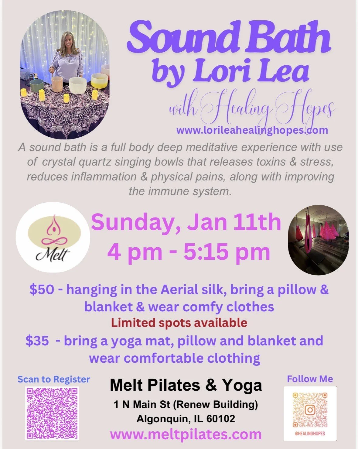 Sound Bath event by Lori Lea on Sunday, January 11, 2026 from 4 - 5:15 pm | Limited spots available.