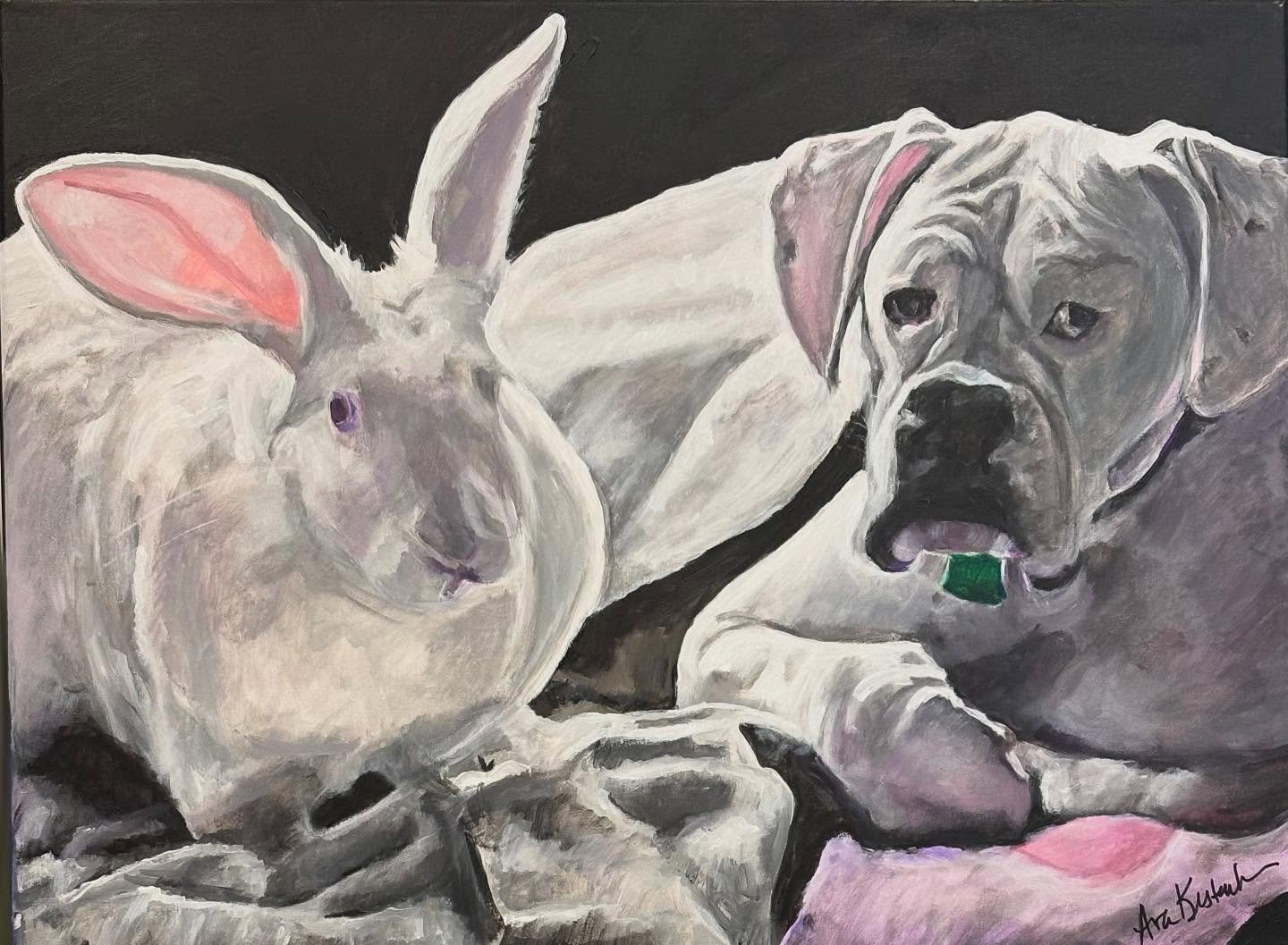 Meet Zena, an Eight year old boxer and Cadbury, a six year old bunny.  These two unlikely friends are both rescues.  Sweet Zena is living her best life now! She loves everyone and is always ready to play and share her love.  Cadbury is also very bles