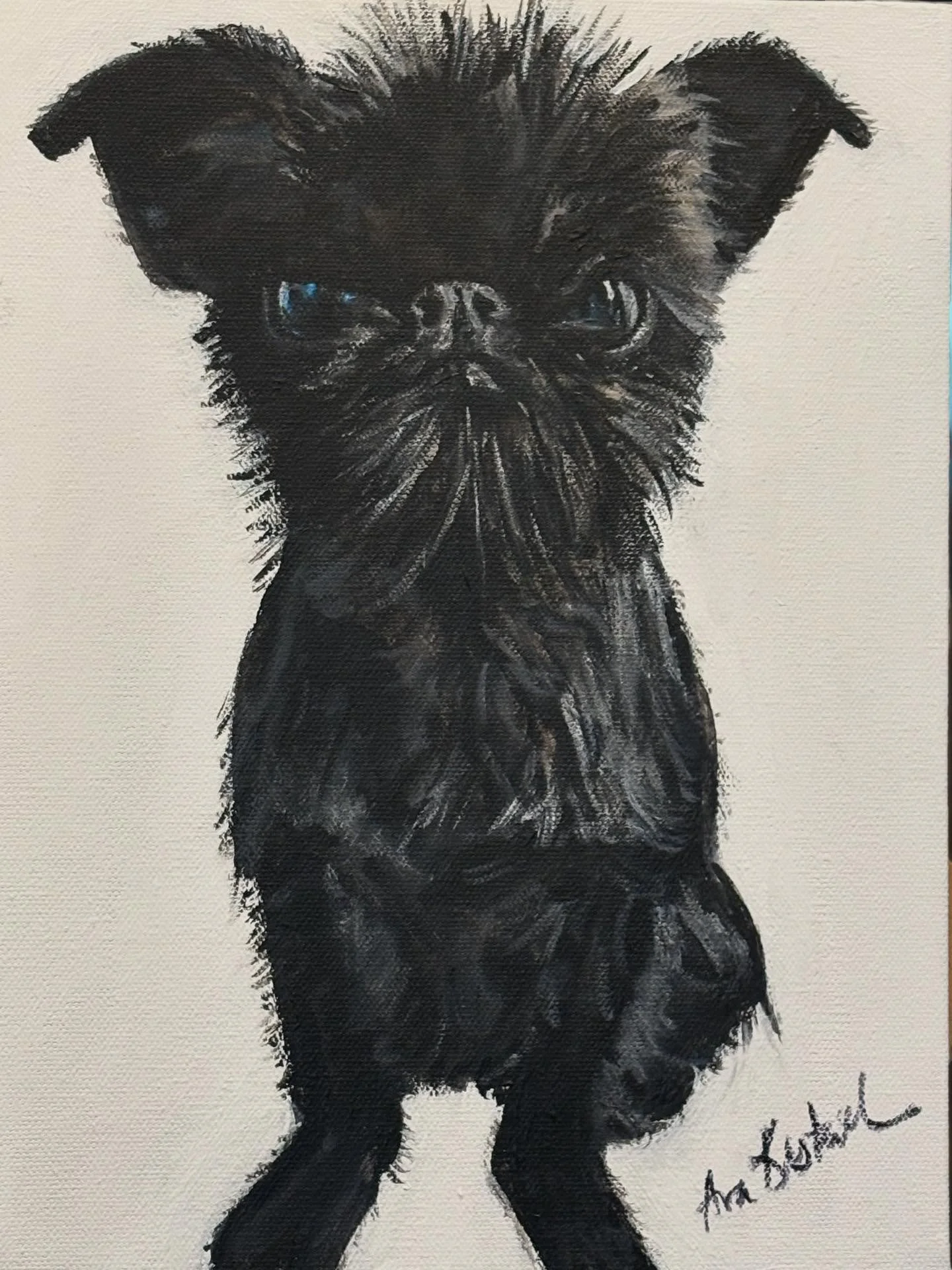 Say hello to fabulous Faye, a sweet, precious, lovable 6 1/2 lb Brussels Griffon with a huge, spunky personality! 
Swipe left to see the photo inspiring this 9 x 12 acrylic commission.