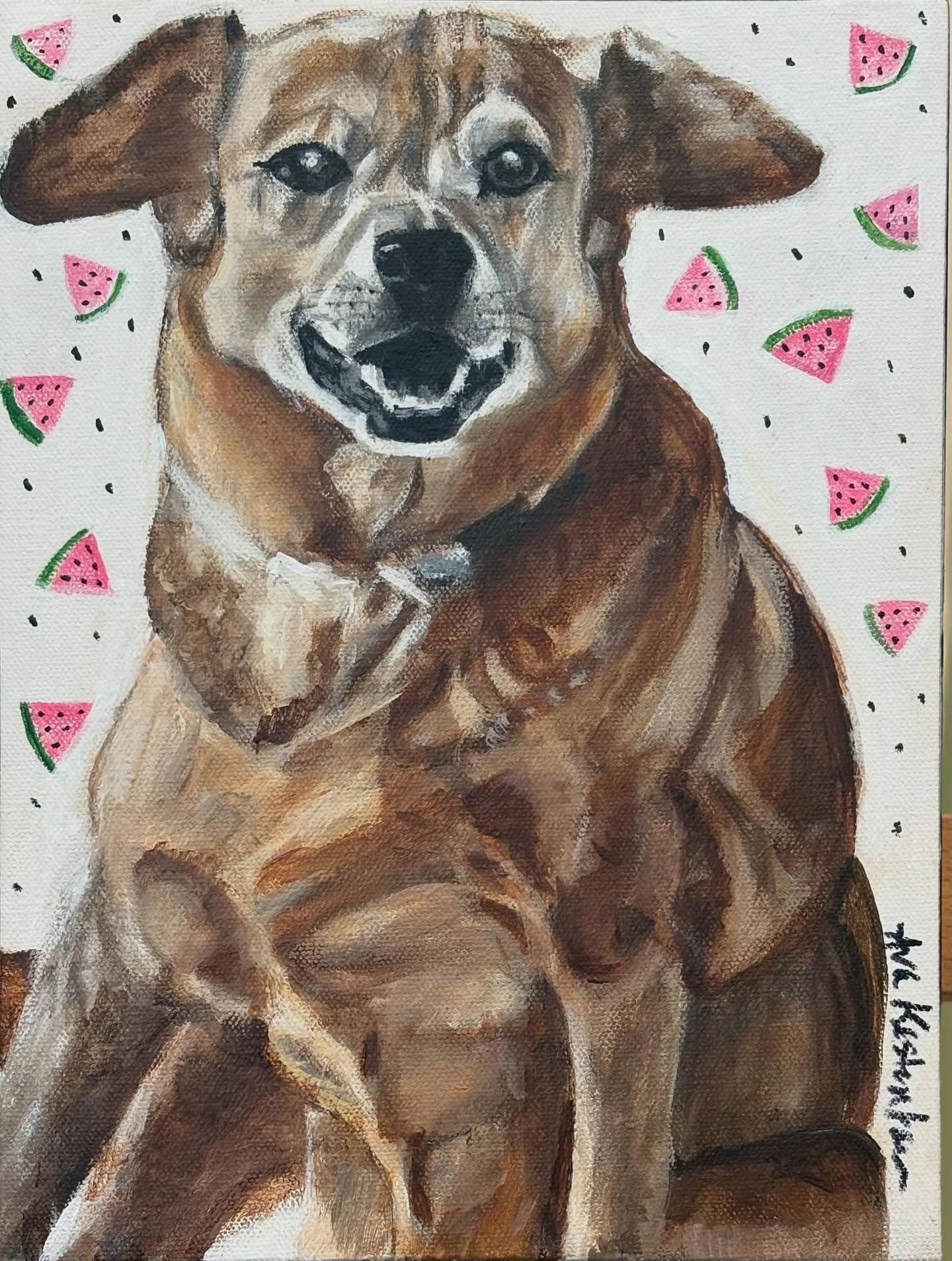 This loving fourteen year old mixed breed girl is Lilly.  She is very chill, preferring to relax with her human sister and savor the attention and care consistently lavished upon her. 
Swipe left to see the photo inspiring this 9 x 12 acrylic commiss