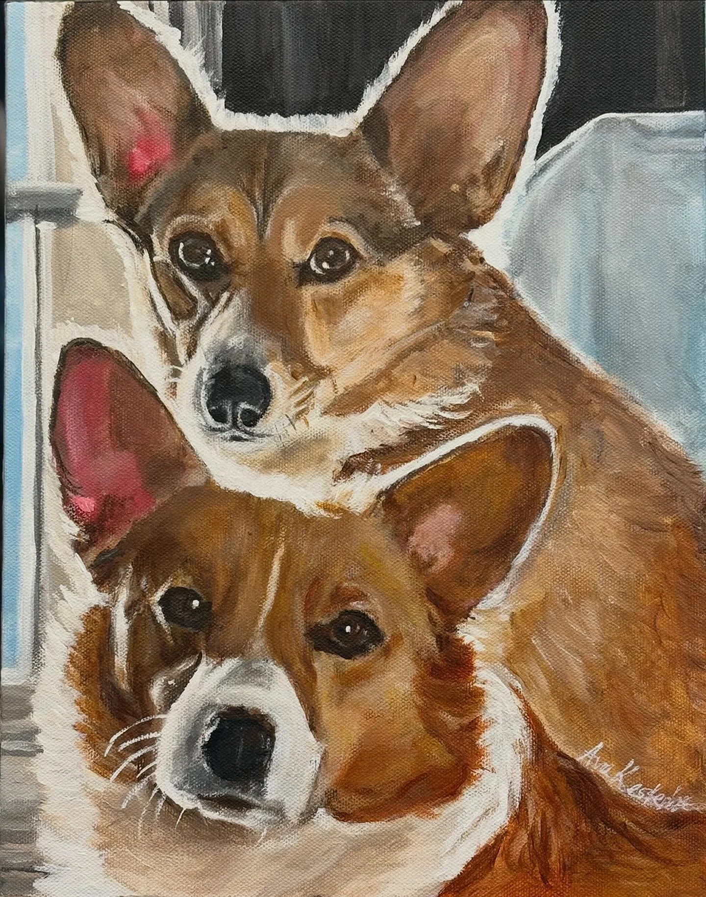 Meet two beautiful Corgi girls, Sweet Pea and Bella Marie!! Sweet Pea (Sable, on top) is 5 years old.  She is loving, demanding and adventurous; enjoying swimming, hiking and snacks!! She takes care of her sister Bella.  Bella Marie (Red and white on