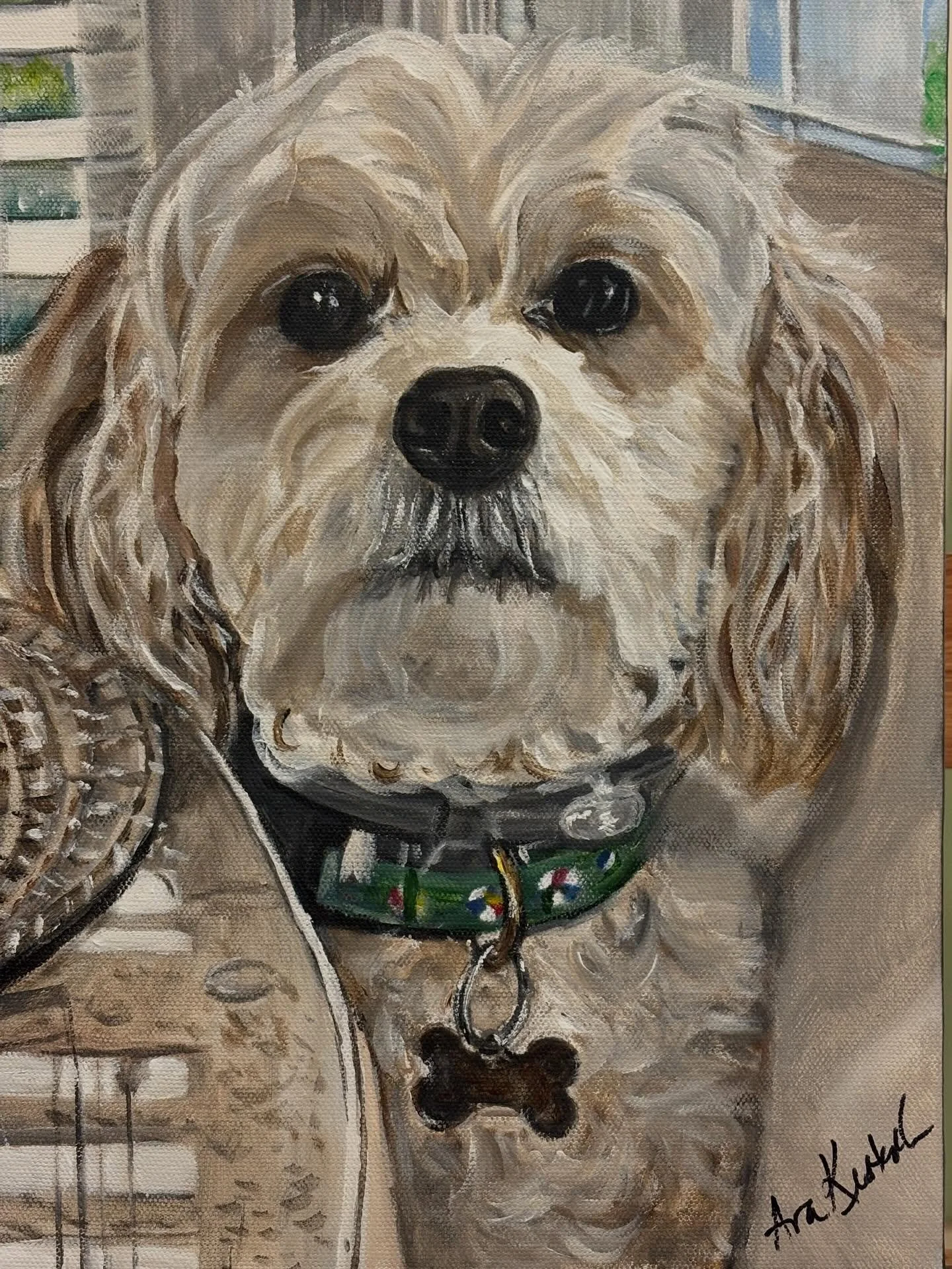 Say hello to Webster, a six year old Cavachon who was rescued as an 11 week old puppy and has been a beloved member of the family since !  He has earned his own seat at the kitchen table, as reflected in the painting.  He conveys human like emotions 