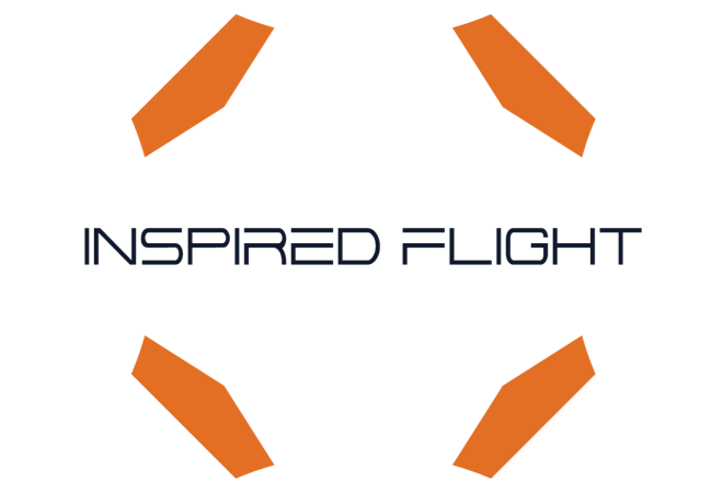 A graphic logo with four orange stylized wings or shapes positioned at the top, bottom, left, and right, surrounding the words 'INSPIRED FLIGHT' in dark blue uppercase letters.