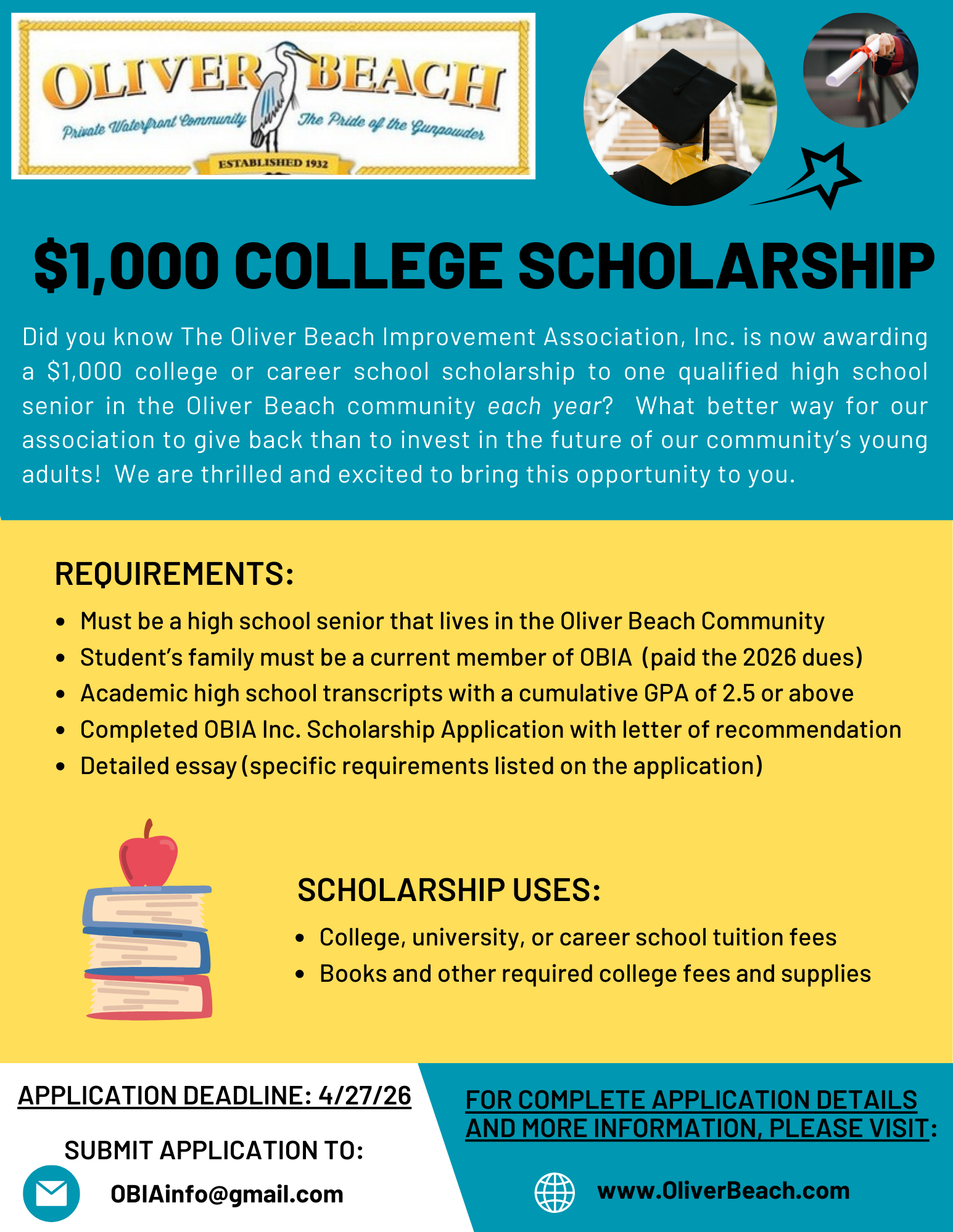 Oliver Beach logo with a stork bird, text about a $1,000 college scholarship from Oliver Beach Improvement Association, requirements for applicants, and a graphic of stacked books with an apple on top, along with application deadline and contact information.