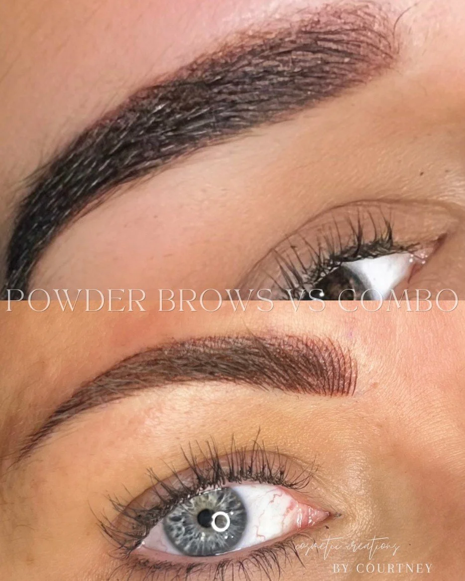 Powder Brows vs. Combo Brows, what's the difference?⁠
⁠
Powder Brows: ( Top photo) This treatment is shading only, we create an even layer of pigment on the skin to give an overall fuller look to the brow, this is great if you have pretty even brow h