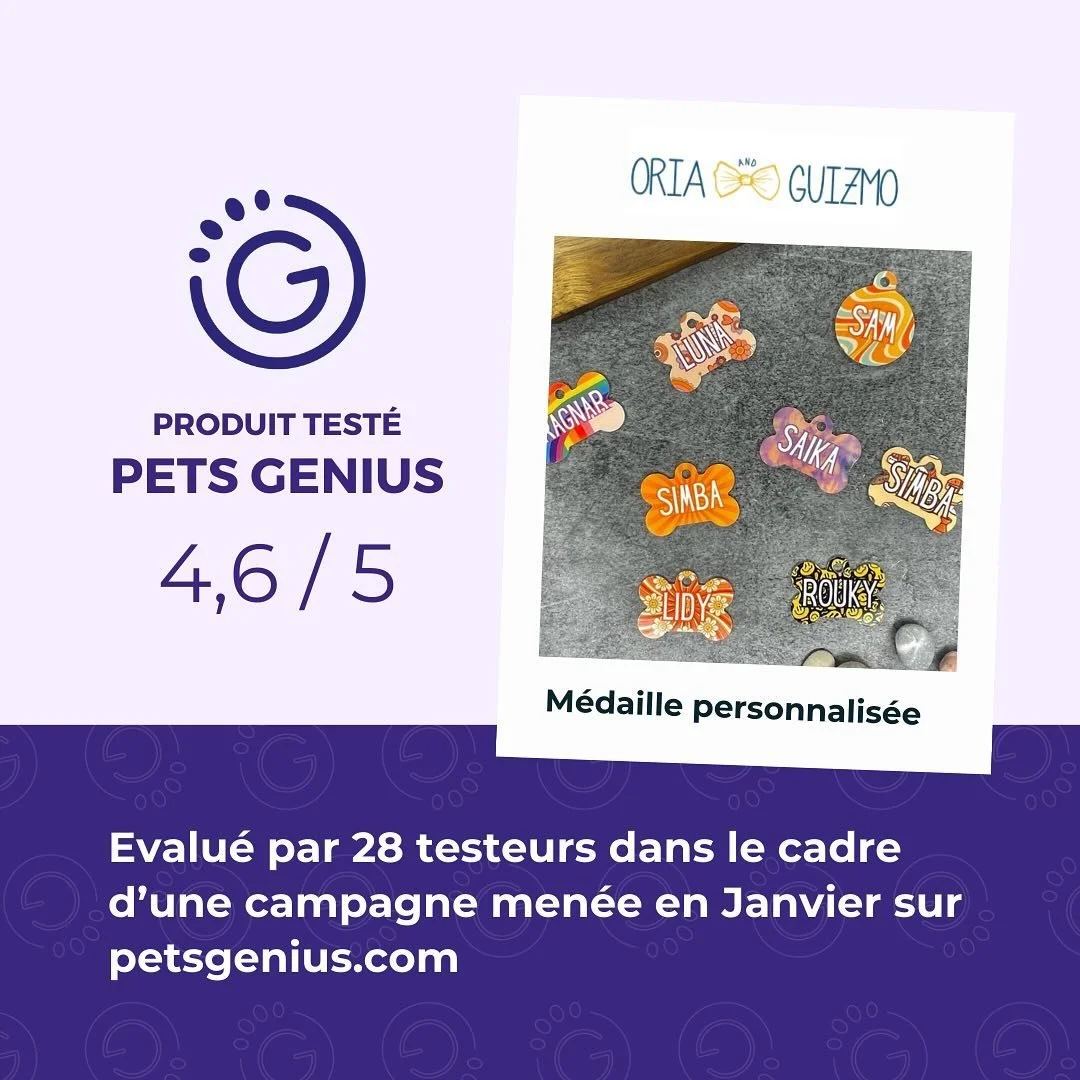 Avis et notes disponibles pour le test des m&eacute;dailles personnalis&eacute;es @oriaguizmo ! 🤩 

La m&eacute;daille Oria &amp; Guizmo est personnalisable des deux c&ocirc;t&eacute;s, l&rsquo;un avec le pr&eacute;nom de l&rsquo;animal et l&rsquo;a