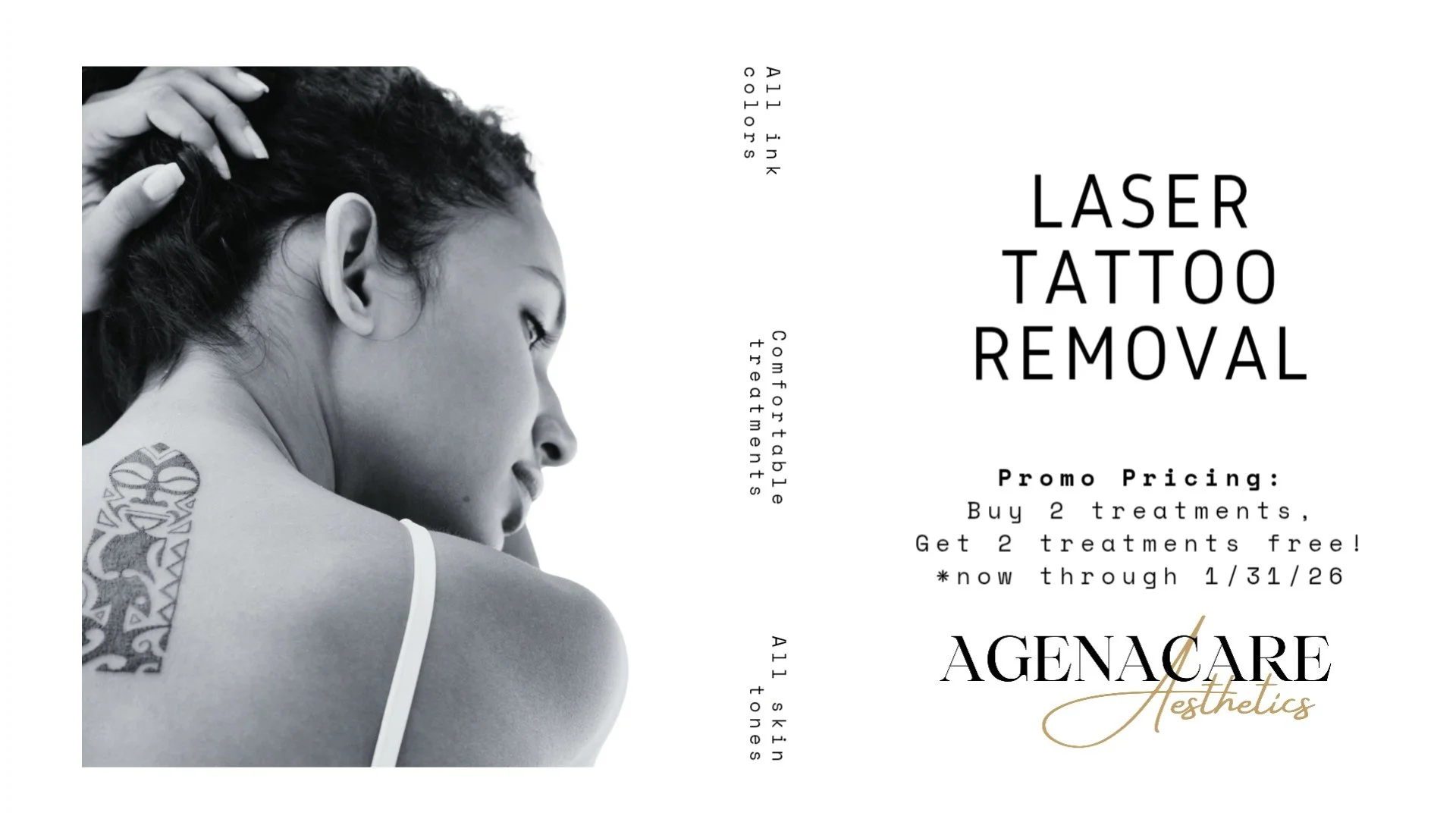 A grayscale photo of a woman with her eyes closed, touching her hair with one hand, and showing a tattoo on her shoulder. The photograph accompanies an advertisement for laser tattoo removal, providing promotional details and pricing.