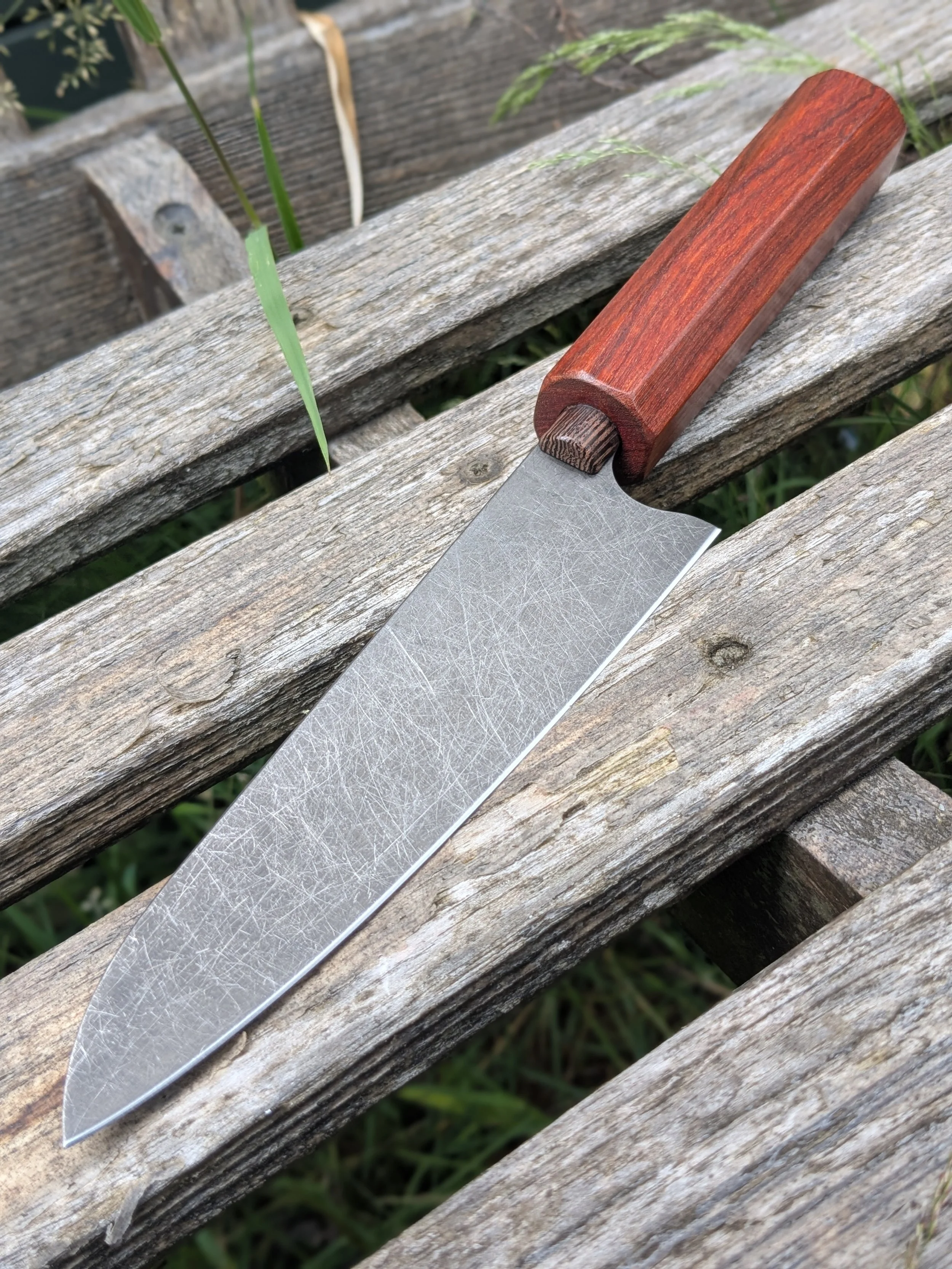 Handmade 52100 high carbon petty knife with Pau Rosa handle and stoneworn finish, made in Surrey by Teddy's Knives