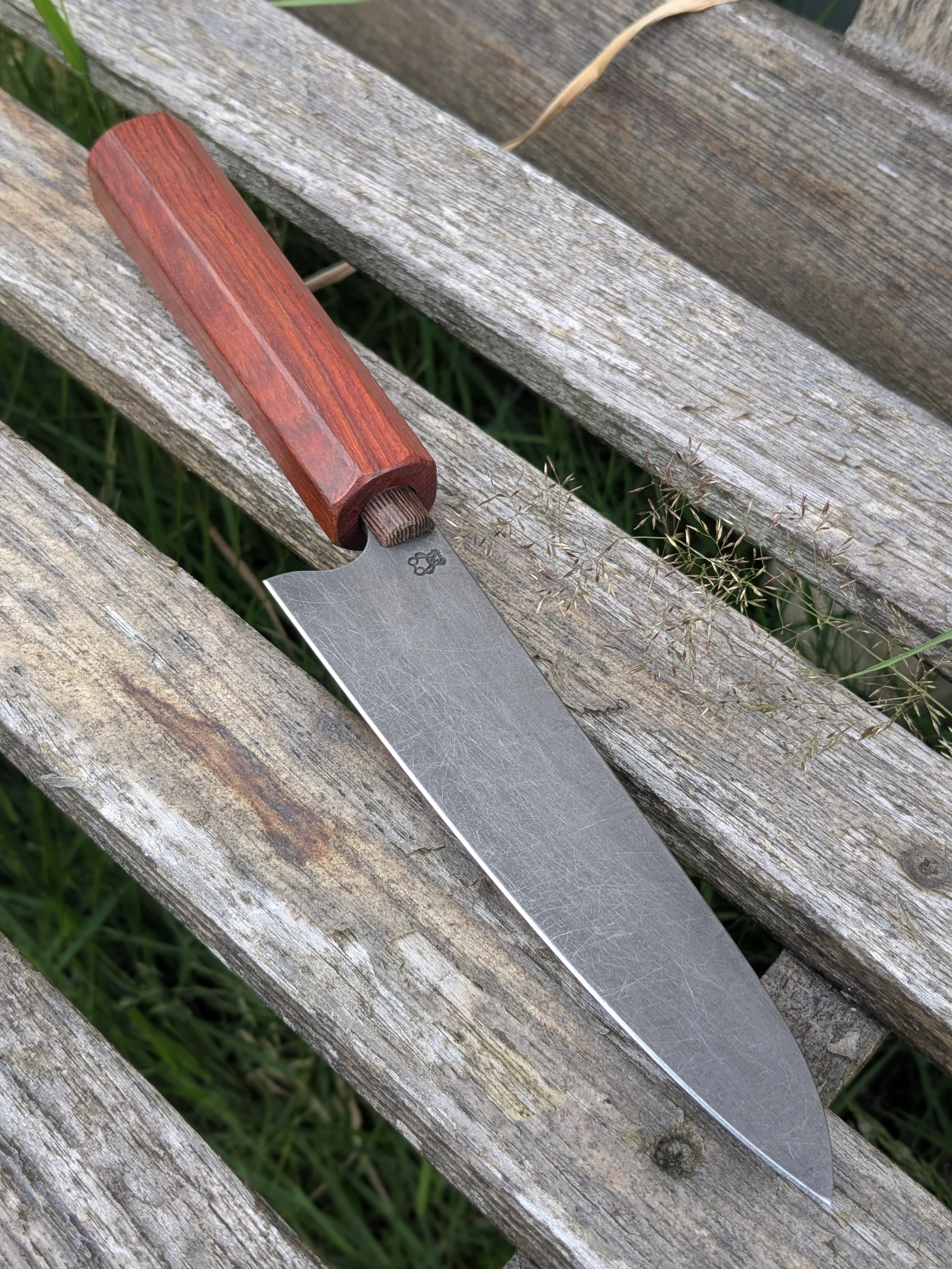 Handmade 52100 high carbon petty knife with Pau Rosa handle and stoneworn finish, made in Surrey by Teddy's Knives