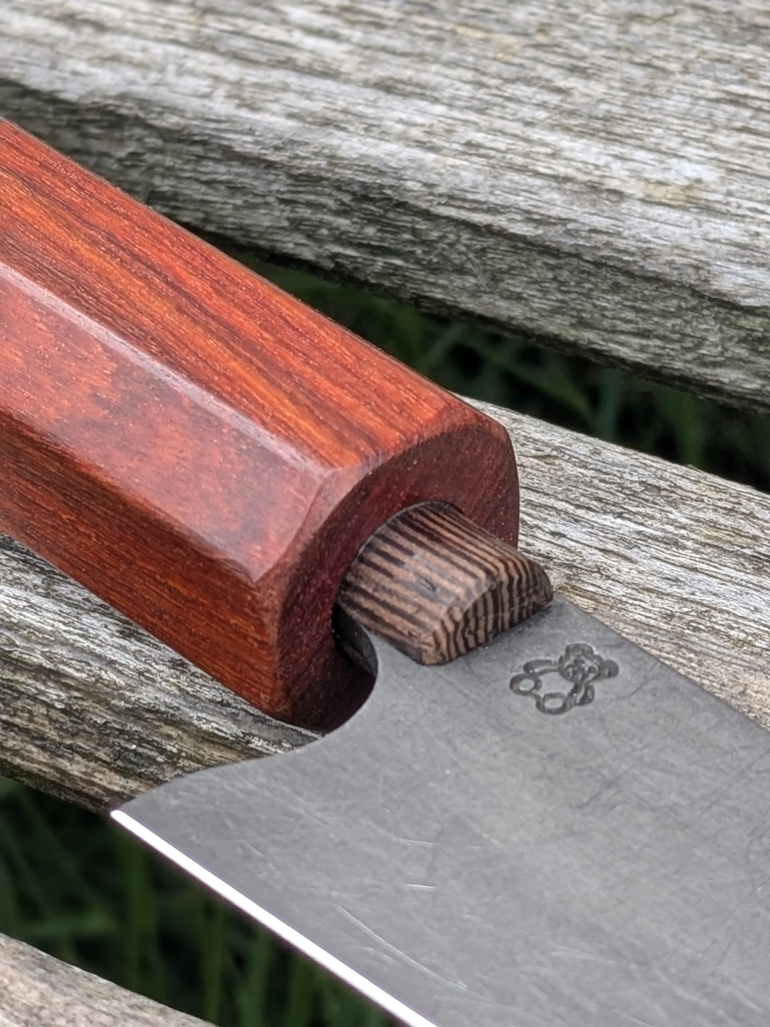 Close up of Pau Rosa and Wenge dowel handle on handmade petty knife by Teddy's Knives Godalming Surrey