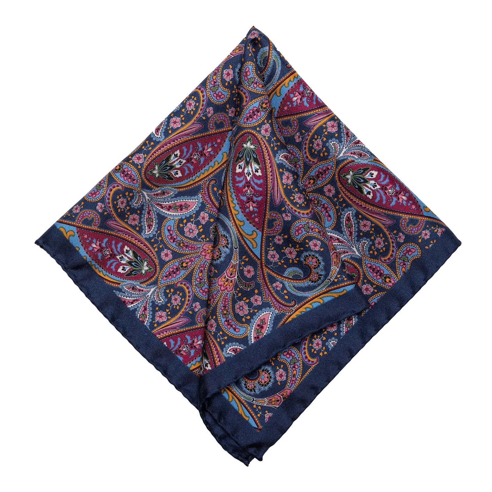 Pochet donkerblauwe ondergrond met rood, lichtblauw en framboos paisley patroon