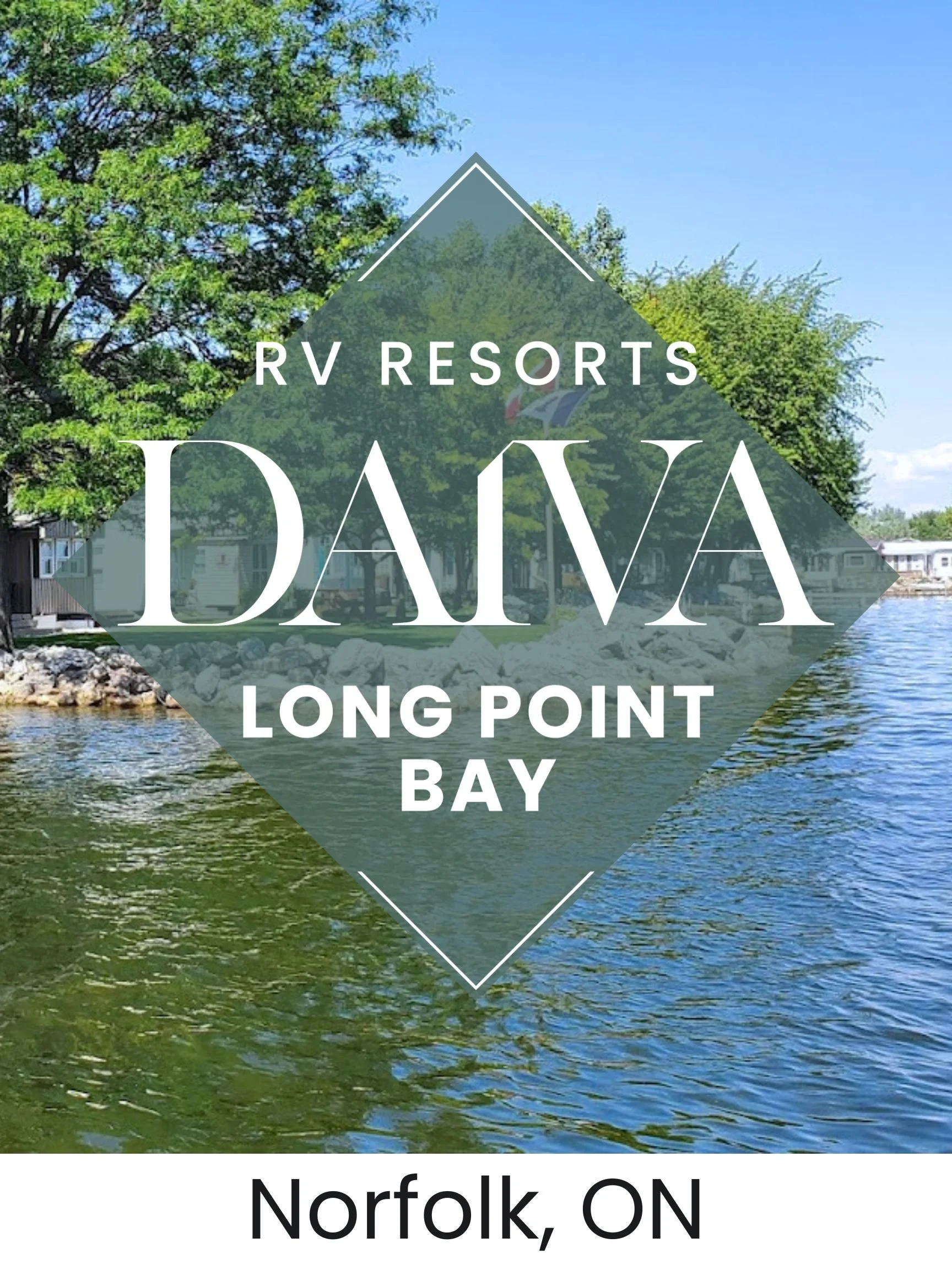 Promotional graphic featuring a scenic view of Long Point Bay with boats, trees, and water in Norfolk, Ontario, advertising RV resorts.