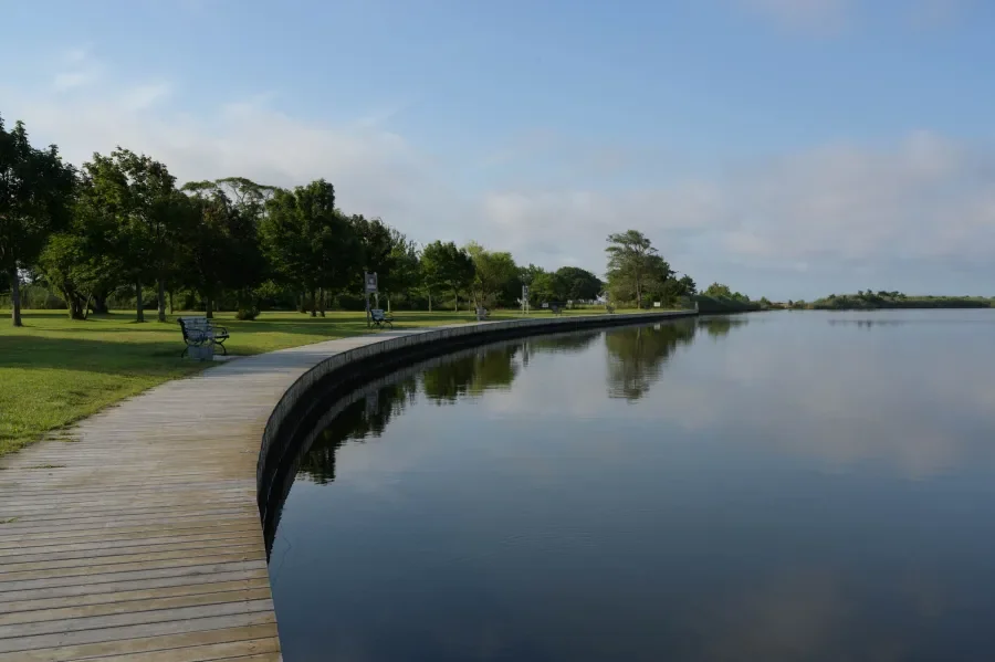 A lakeside park with a curved wooden walkway, green trees, benches, and calm water reflecting the sky and surrounding trees.