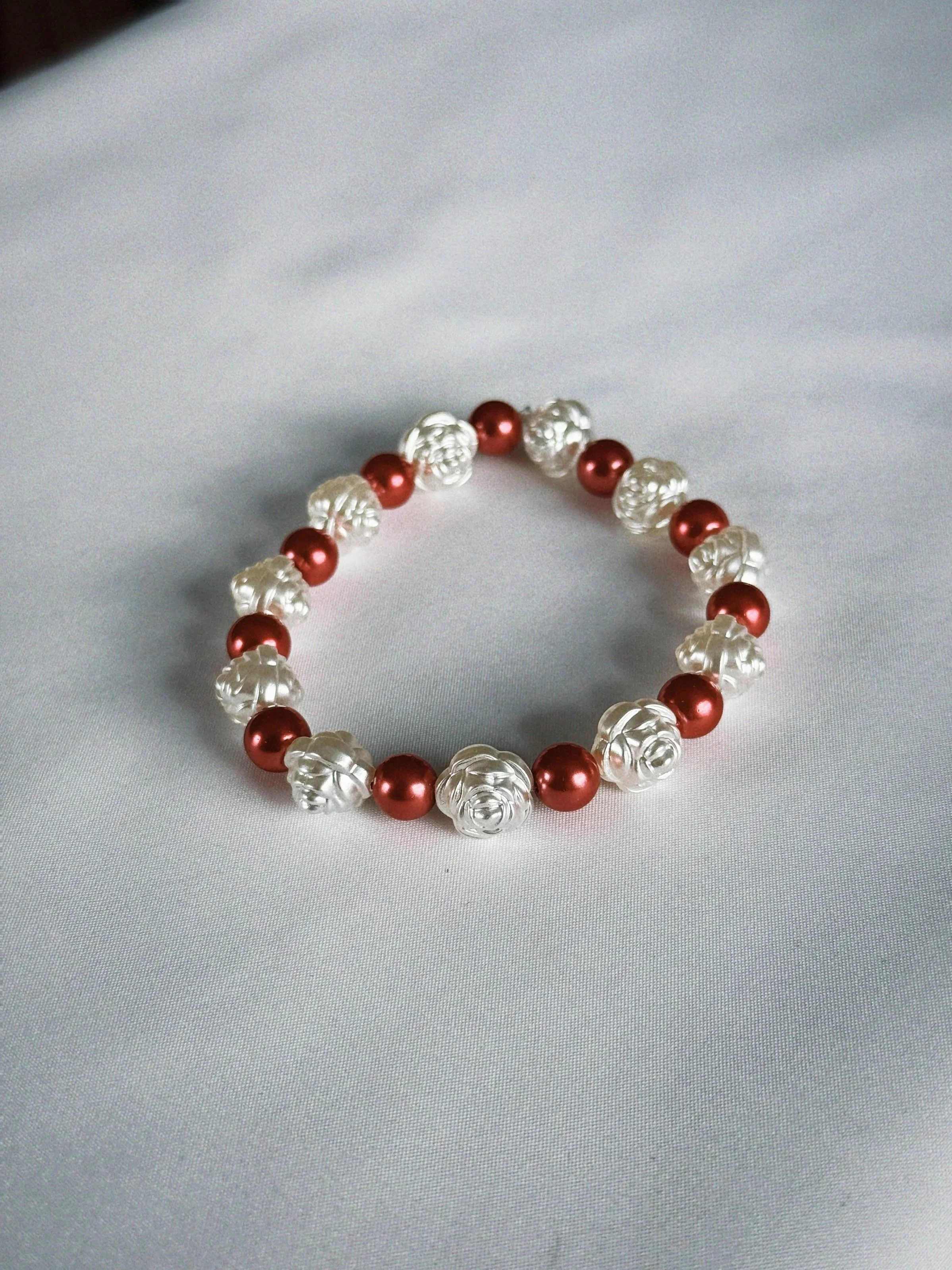Scarlet Bloom – Pearl Rose Beaded Bracelet for Women | Handmade Jewelry