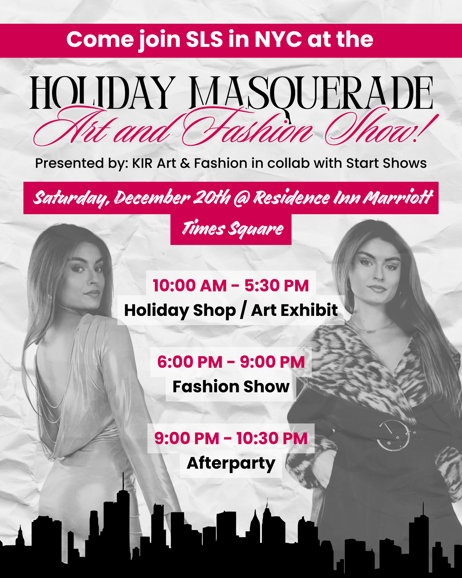 Poster for the Holiday Masquerade Art & Fashion Show in Times Square featuring SLS the Brand, runway fashion, holiday shopping, art exhibits, and creative events in NYC.