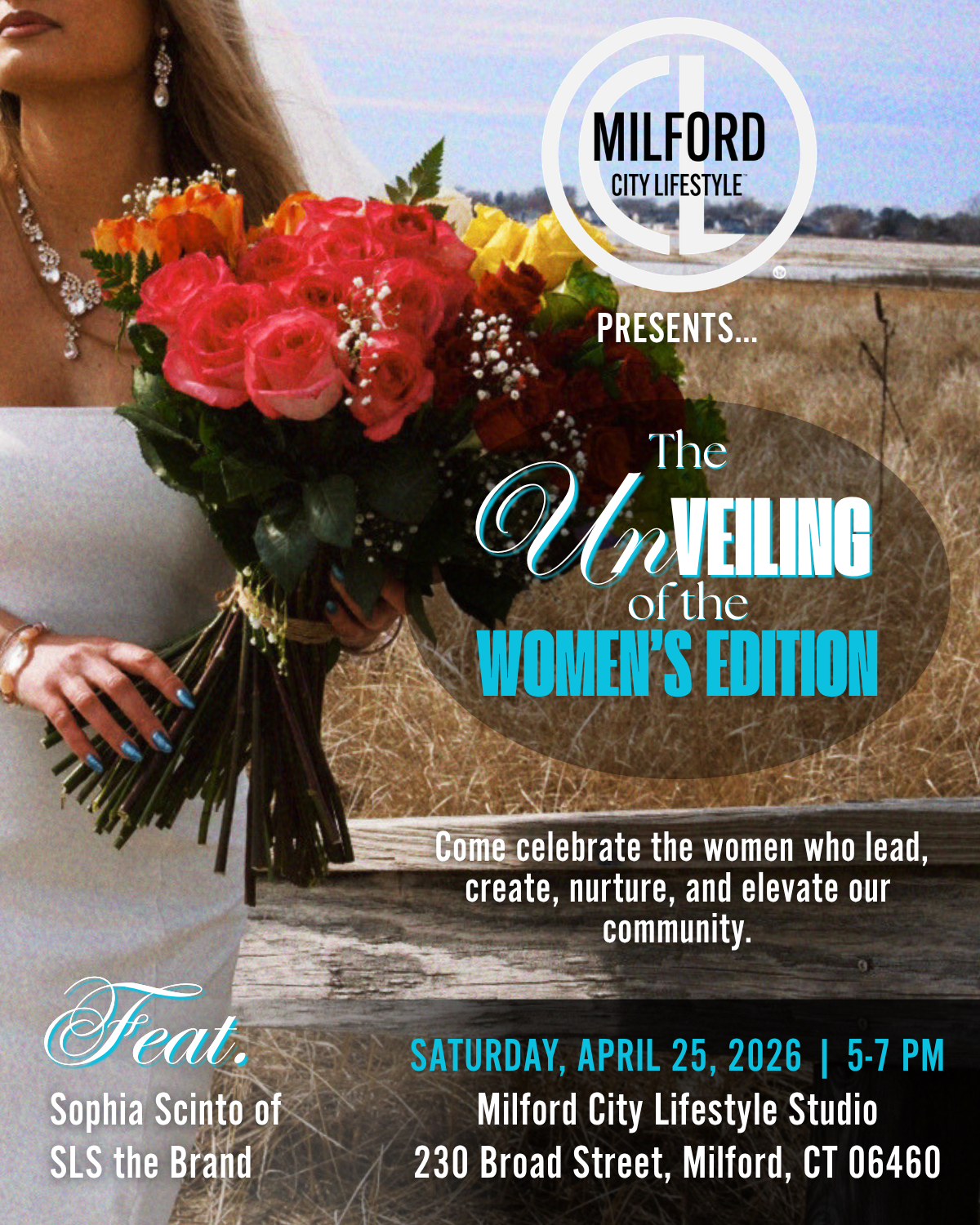 Milford City Lifestyle launch party poster featuring Sophia Scinto and SLS the Brand.