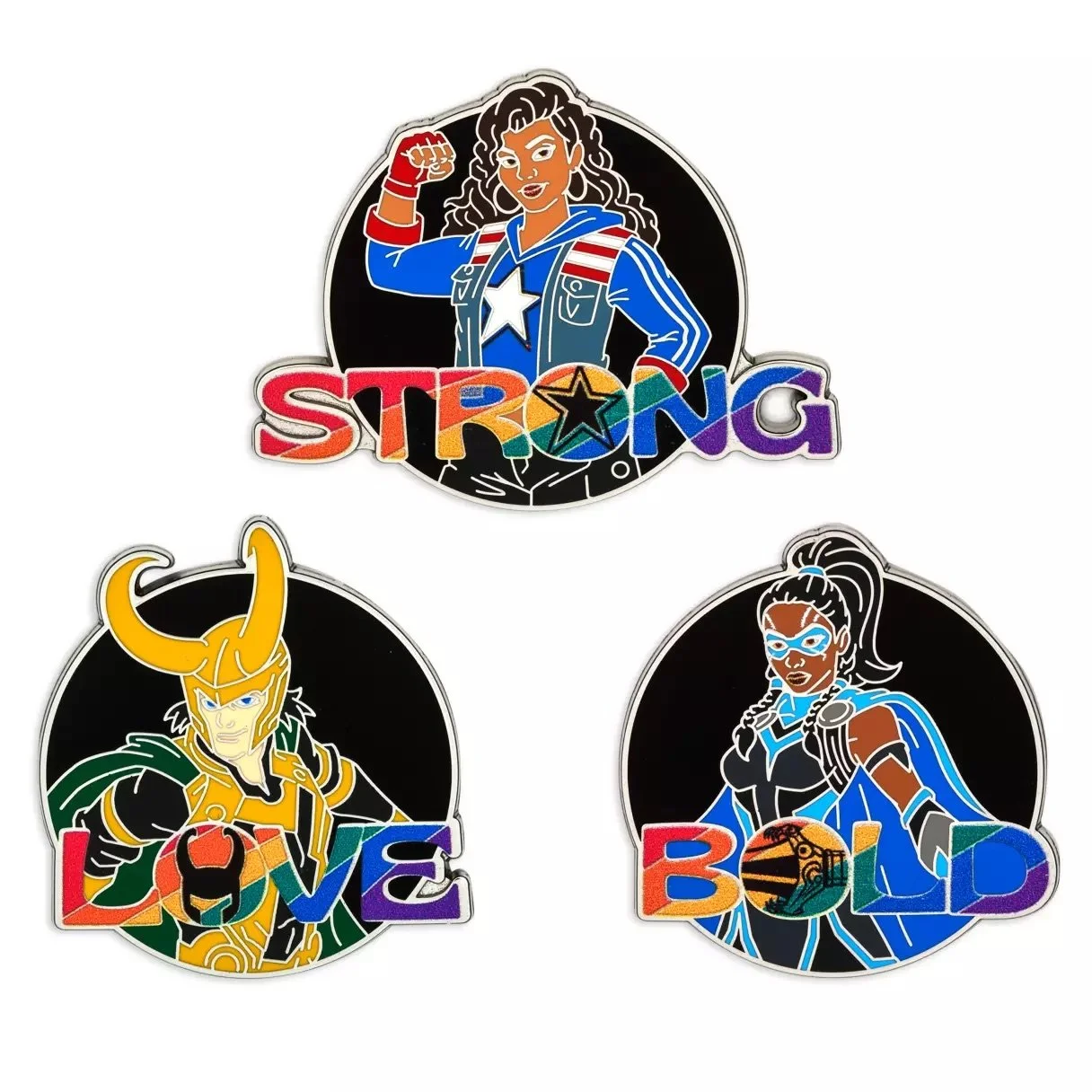 Loki, America Chavez, and Valkyrie Pin Set