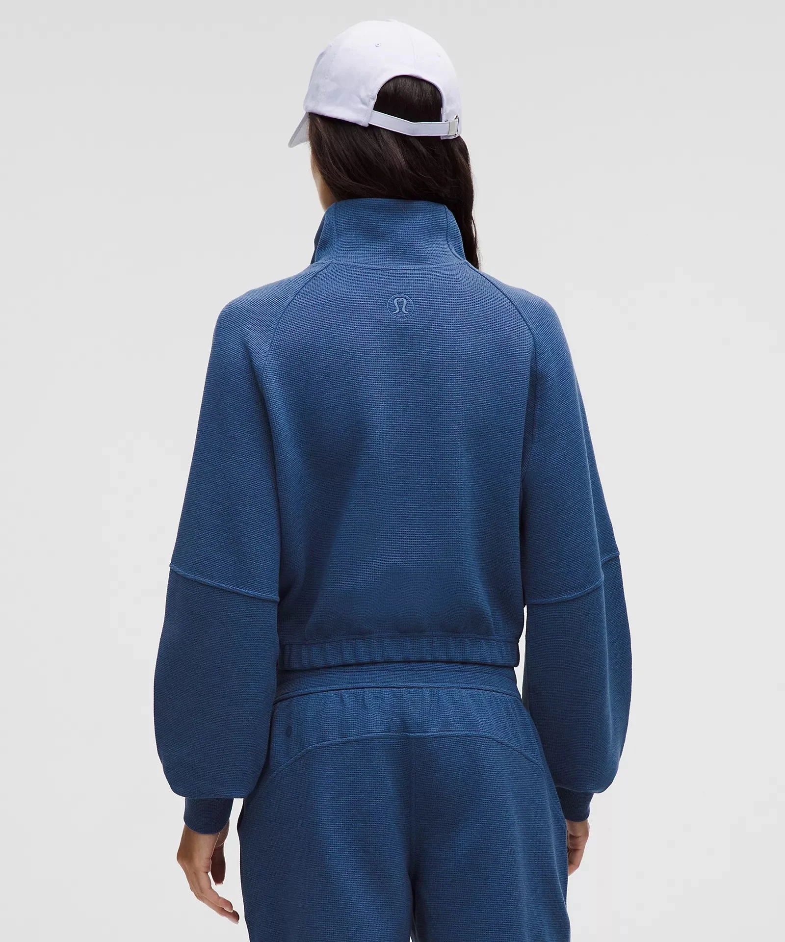 Blue Twill - Scuba Cropped Funnel-Neck Half Zip Waffle