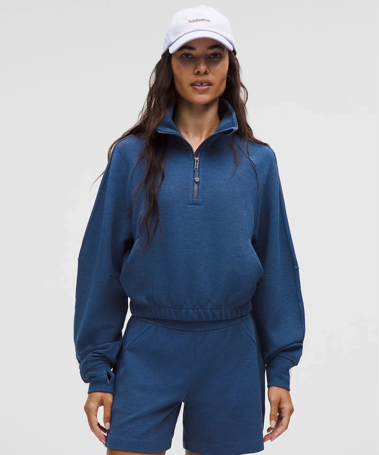 Blue Twill - Scuba Cropped Funnel-Neck Half Zip Waffle