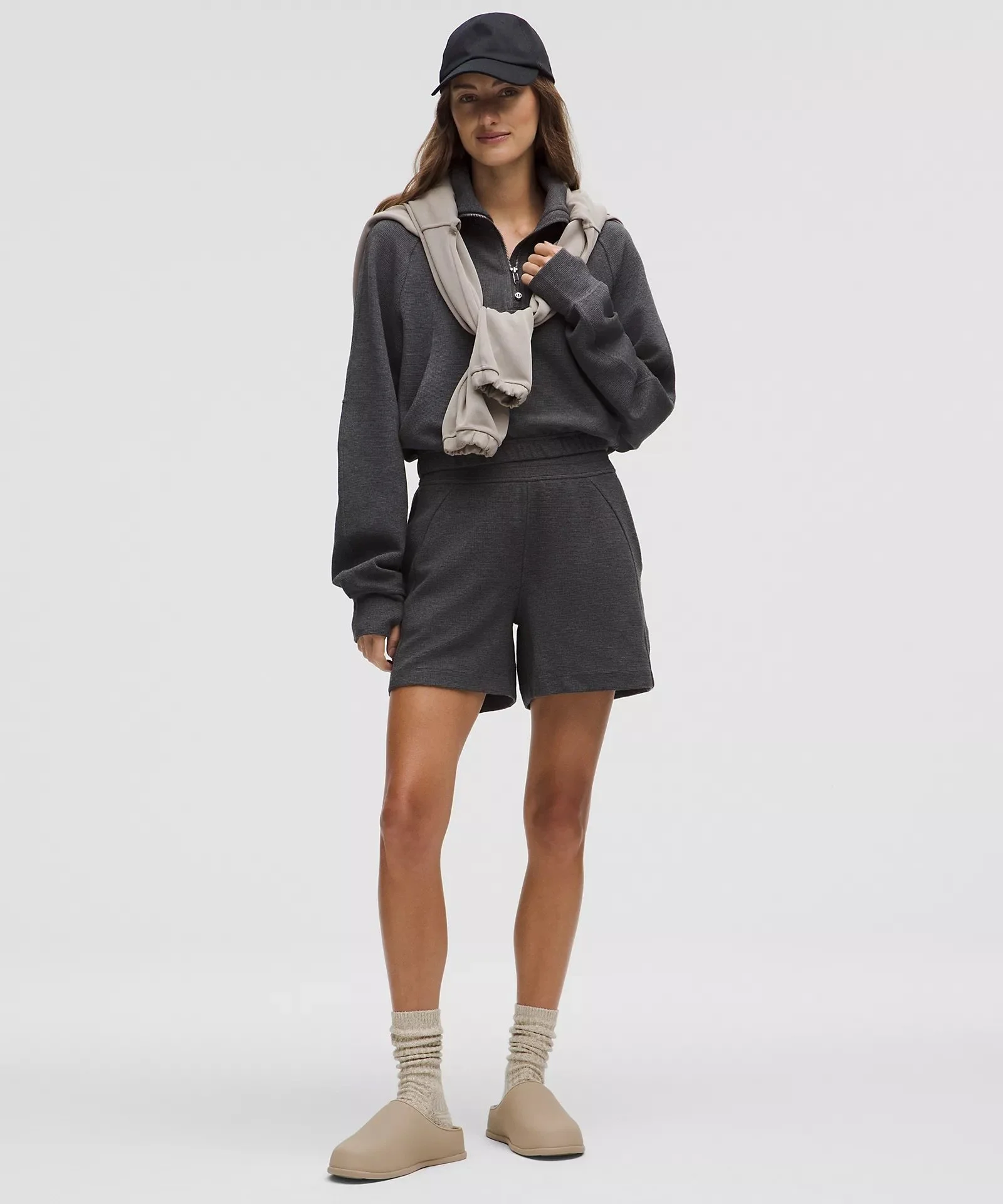 Graphite Grey - Scuba Cropped Funnel-Neck Half Zip Waffle