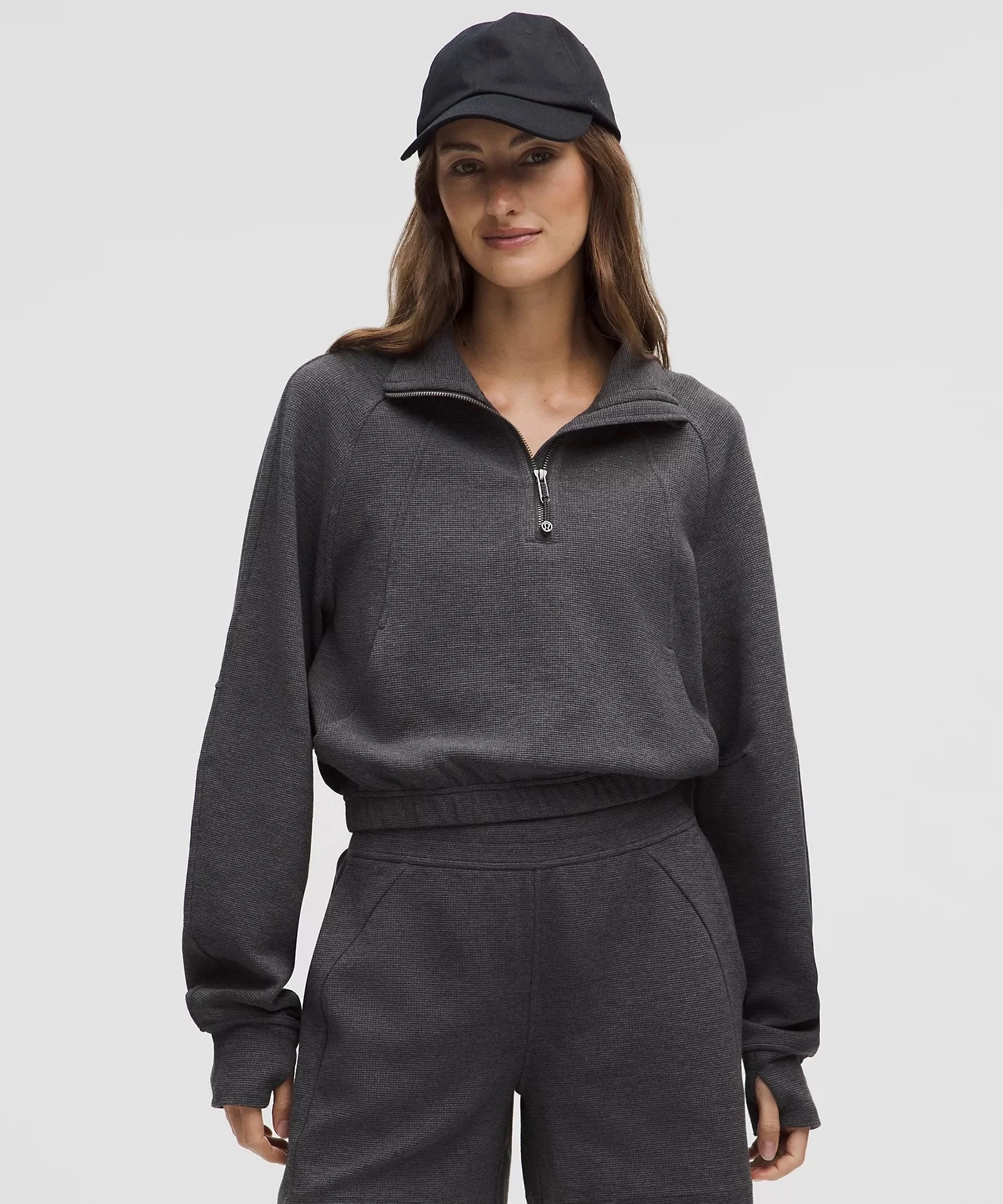 Graphite Grey - Scuba Cropped Funnel-Neck Half Zip Waffle
