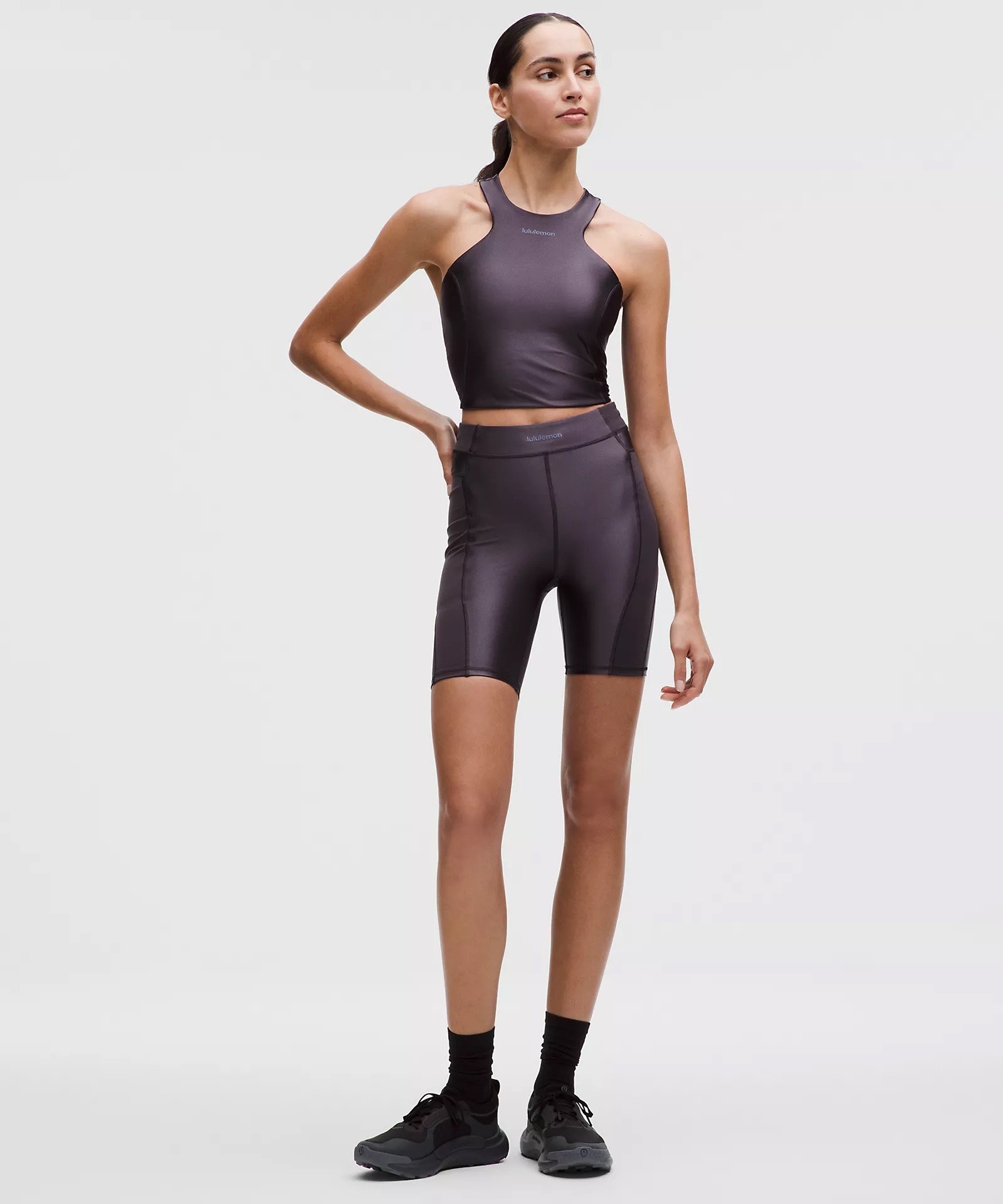 Satin Shine Panelled High-Rise Short 8" Wordmark