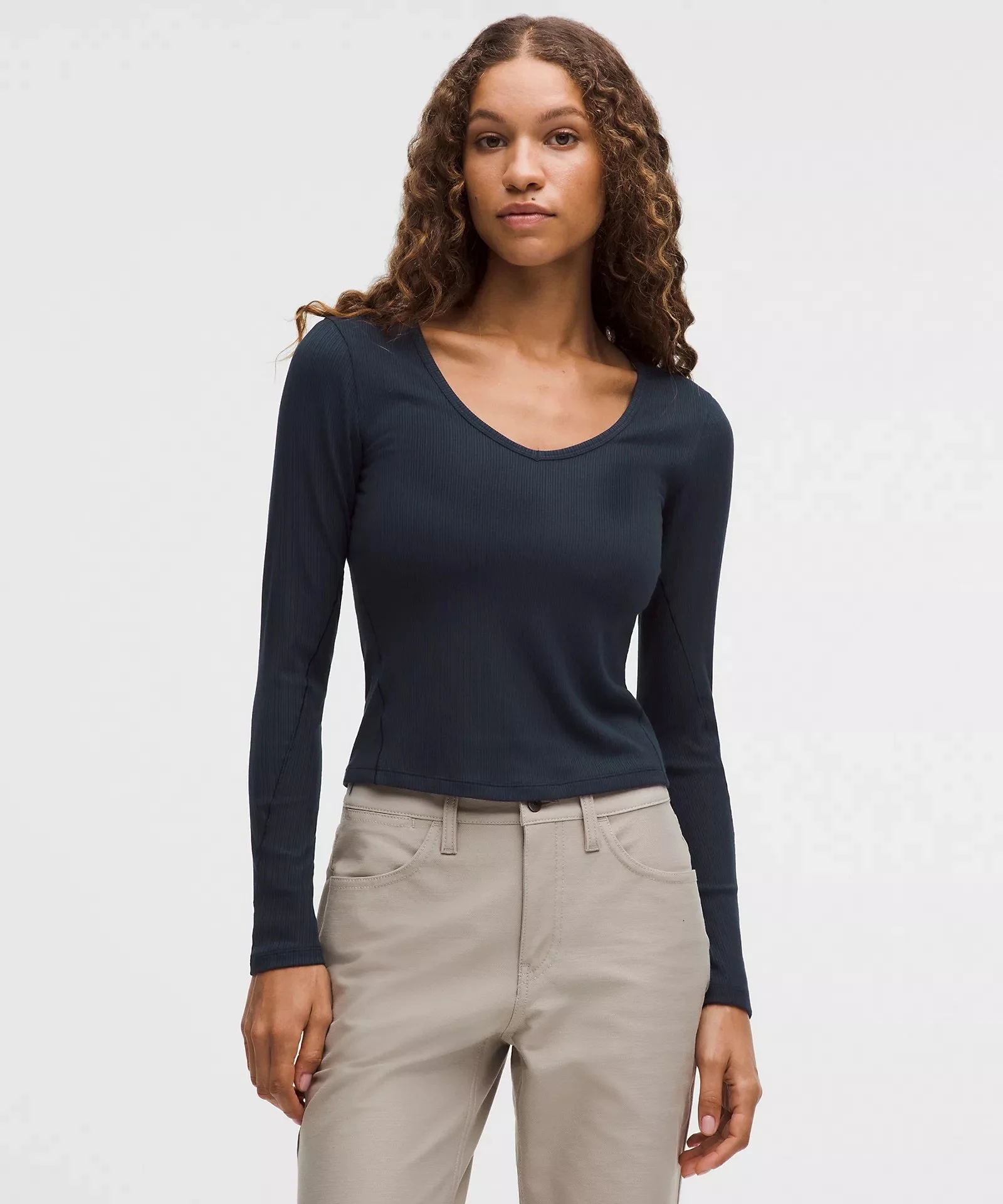 Hold Tight Micro-Rib V-Neck Long-Sleeve Shirt
