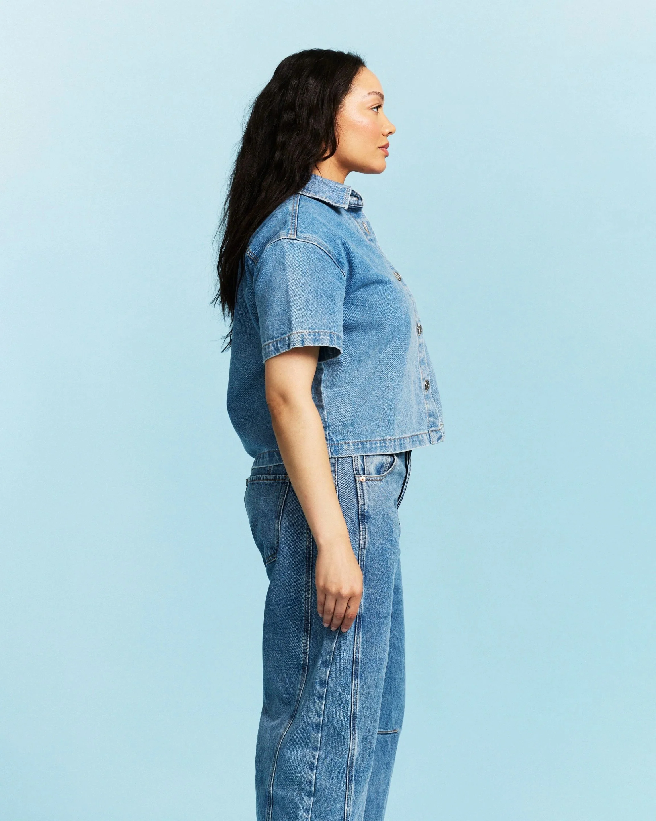 Cropped Short Sleeve Denim Shirt - Vintage Wash